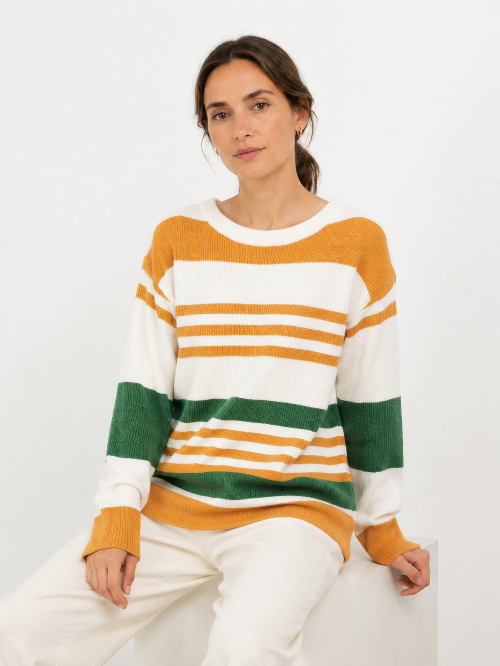 MY008 orange wide-neck off-shoulder textured sweater seated model view