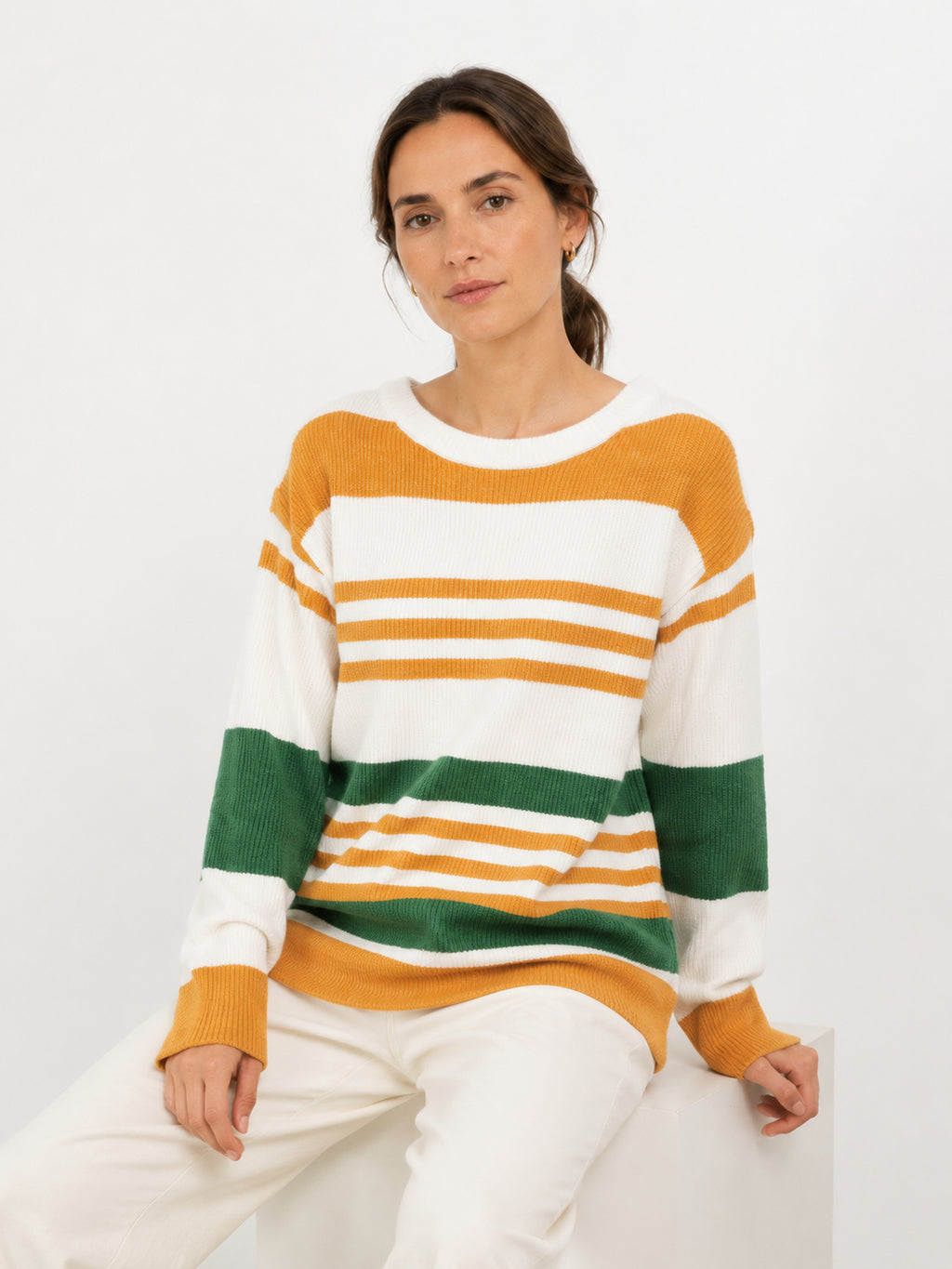 MY008 orange wide-neck off-shoulder textured sweater seated model view