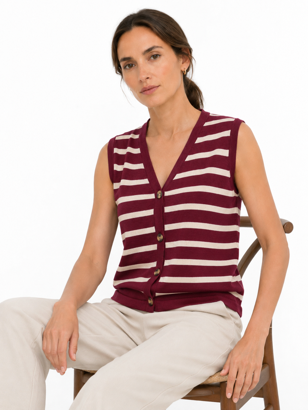 MY018 red striped sleeveless knit cardigan vest seated model view