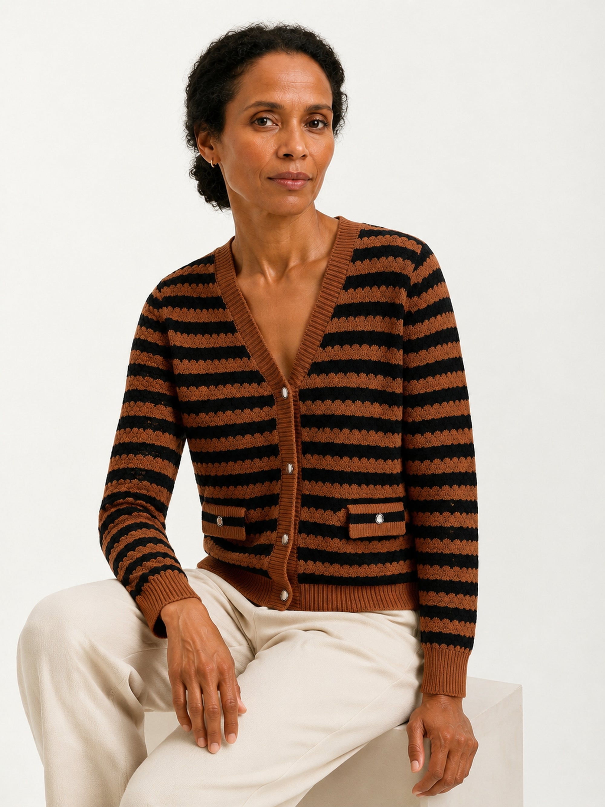 MY009 brown cropped textured knit cardigan seated model view