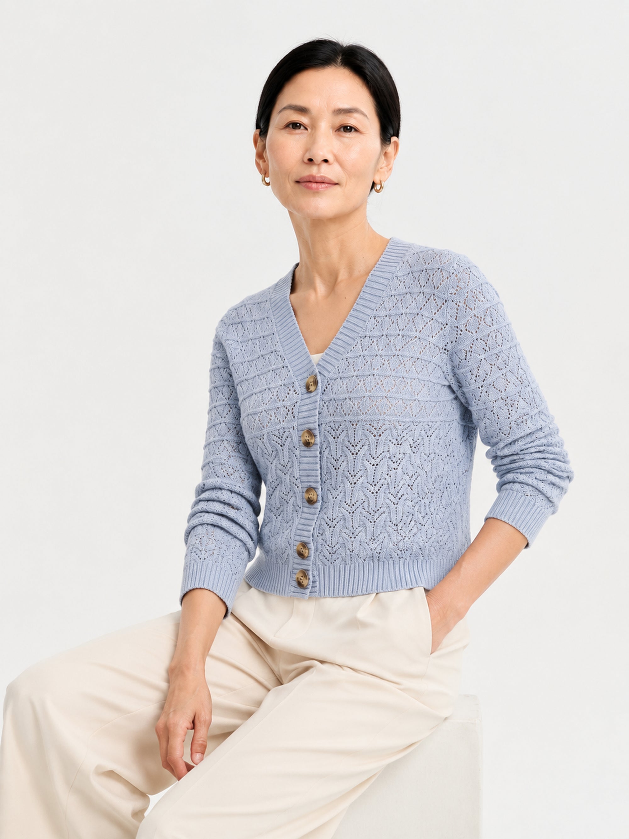 MY015 blue openwork three-quarter sleeve cardigan seated model view