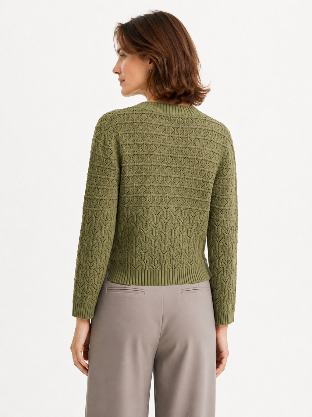 MY015 green openwork three-quarter sleeve cardigan back model view