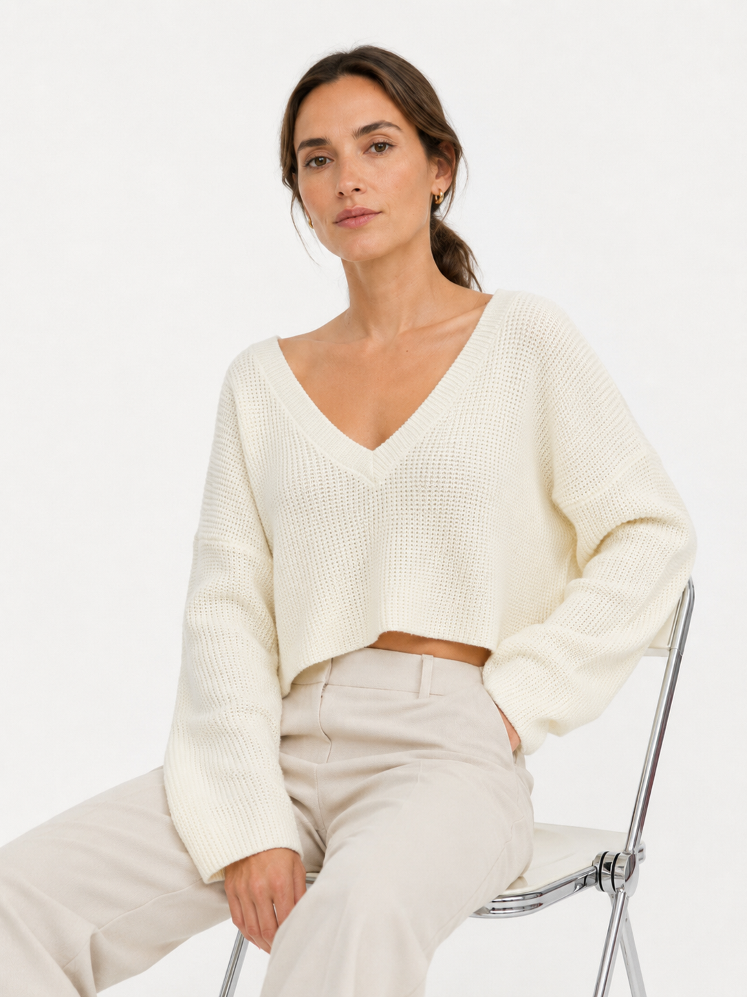 Women's White Cropped V Neck Knit Sweater, Textured Long Sleeve Top