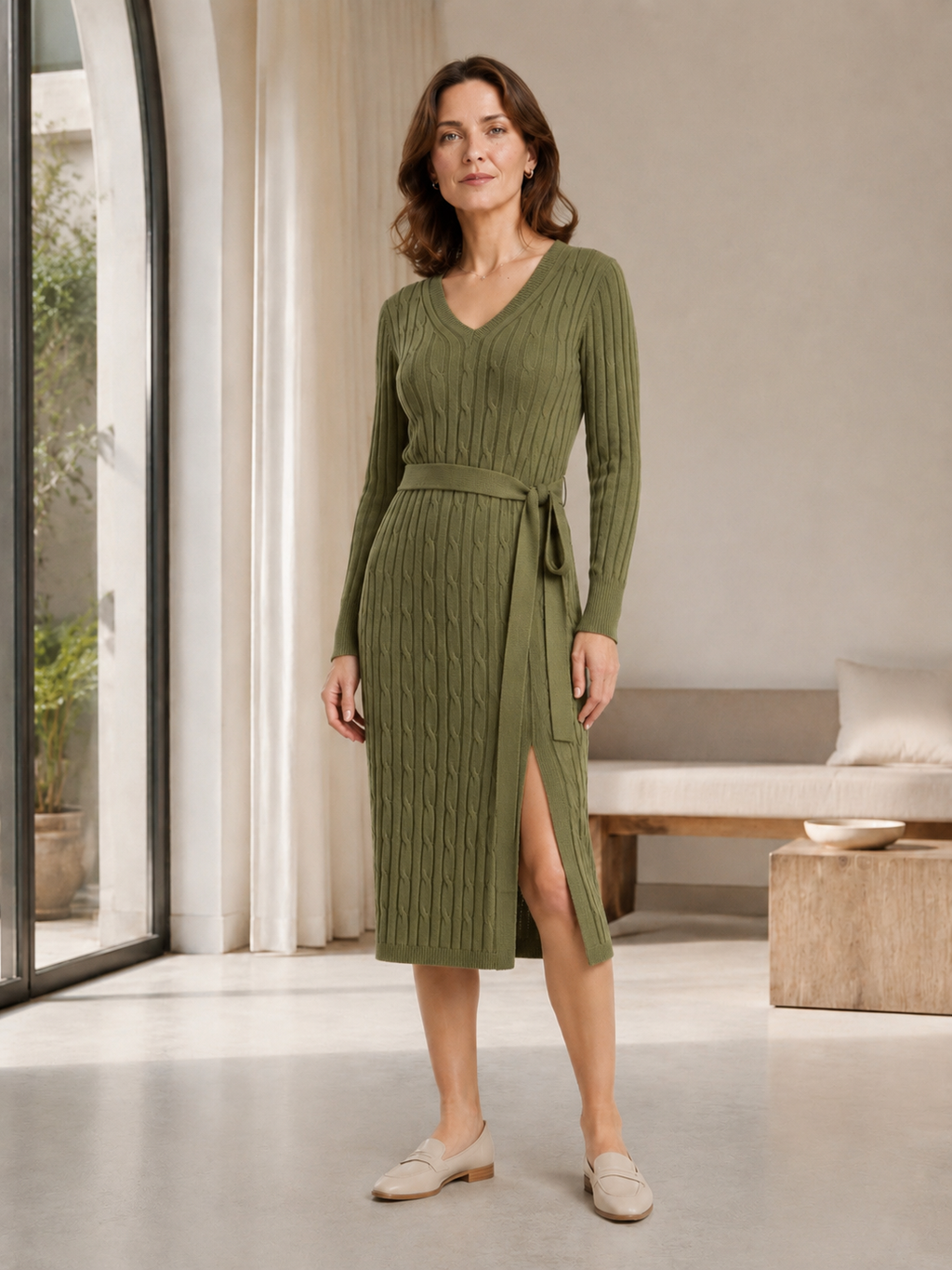 MY011 green v-neck belted knit dress full-body model view