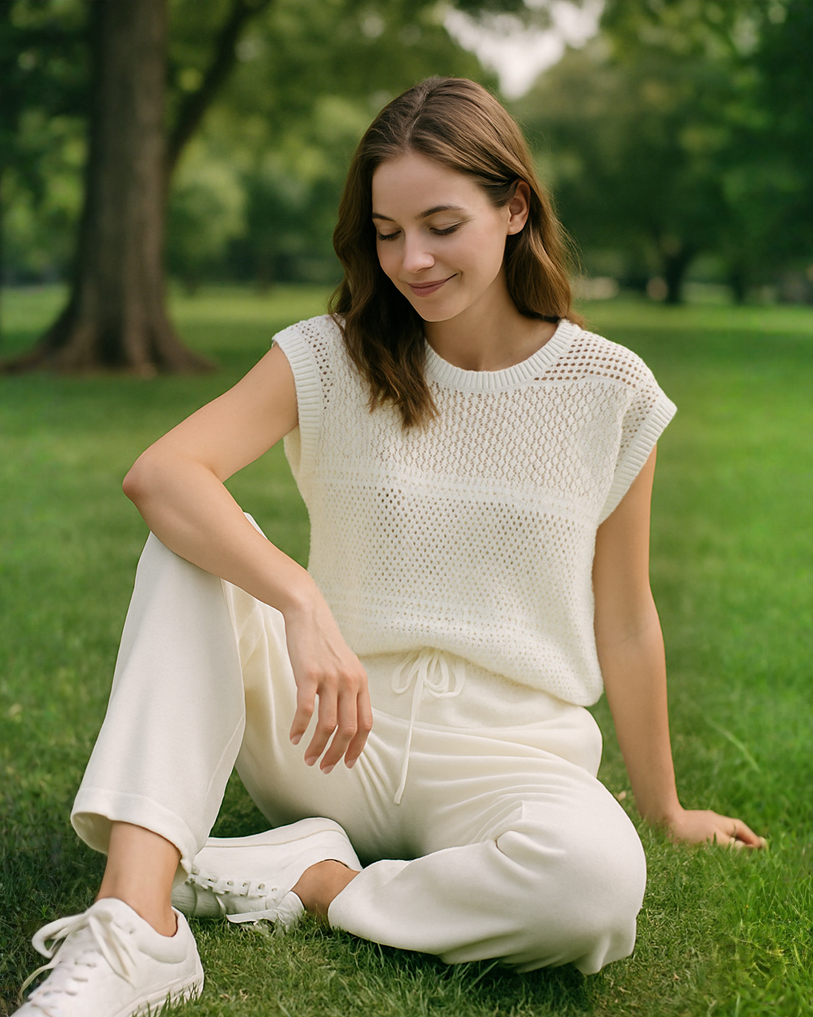 White Knitted Loungewear Set with Hollow - out