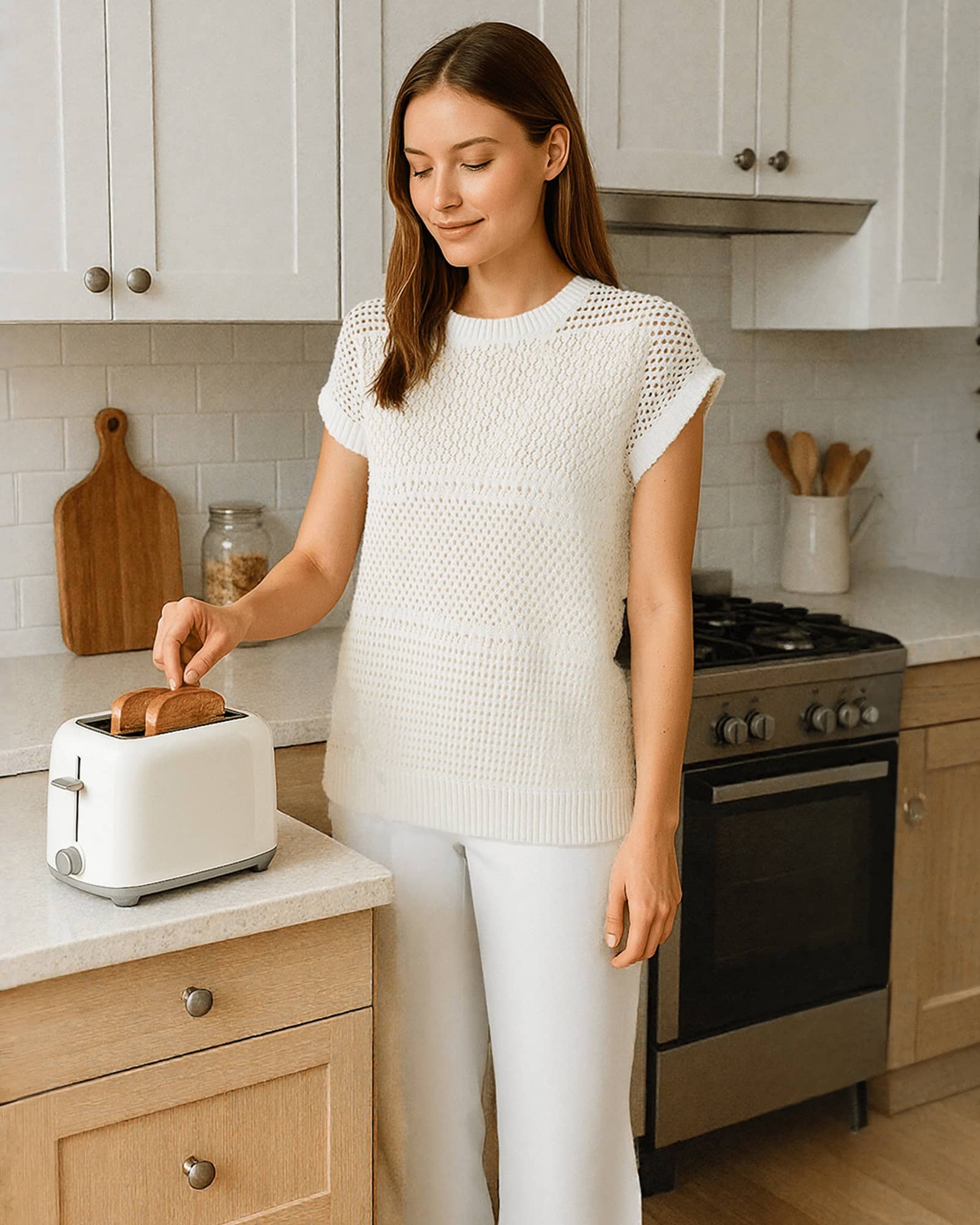 White Knitted Loungewear Set with Hollow - out
