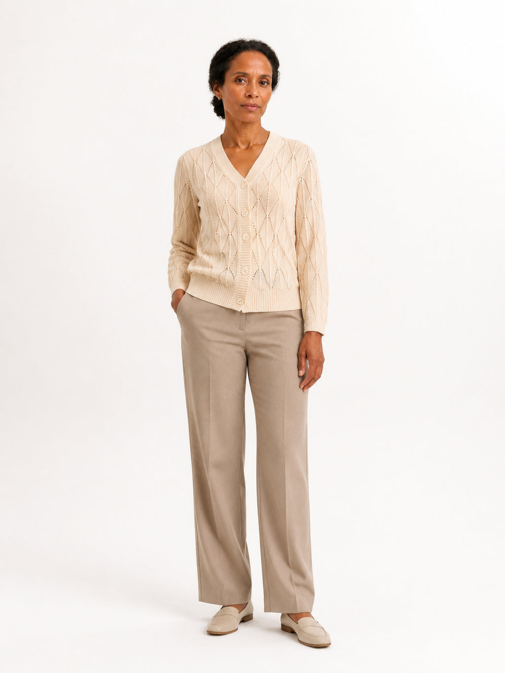 MY021 apricot openwork v-neck three-quarter sleeve cardigan full-body model view