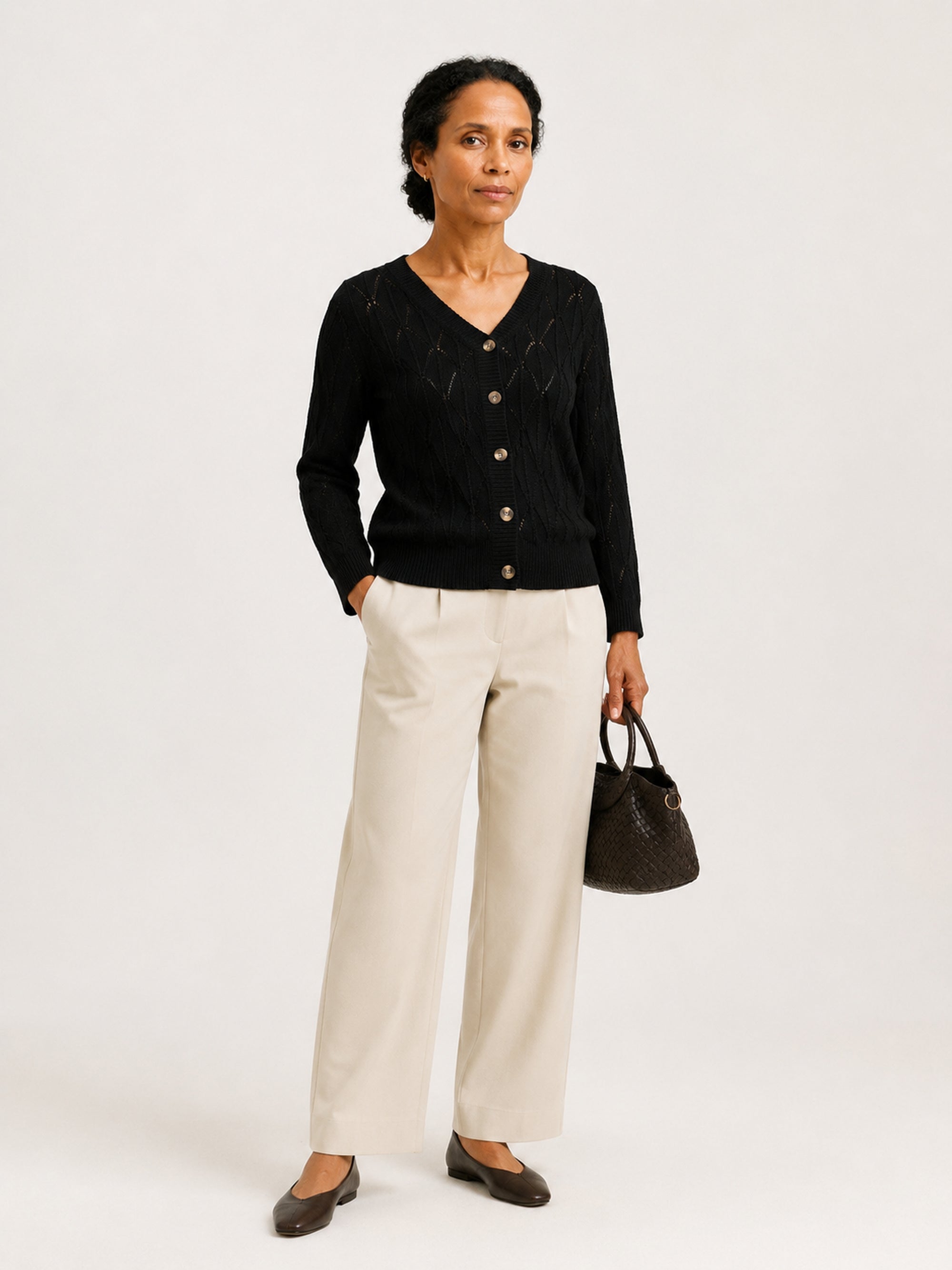MY021 black openwork v-neck three-quarter sleeve cardigan full-body model view