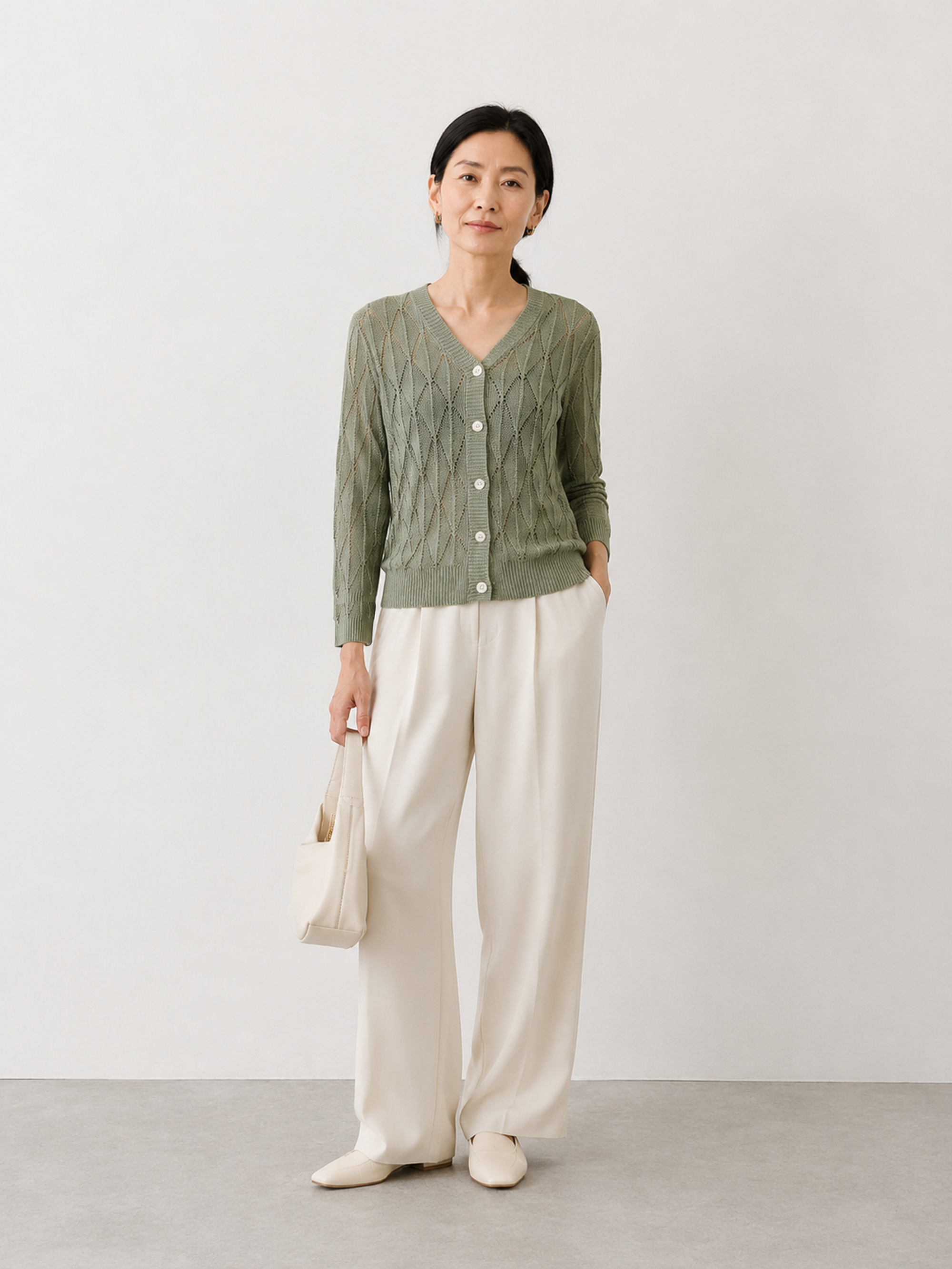 MY021 green openwork v-neck three-quarter sleeve cardigan full-body model view