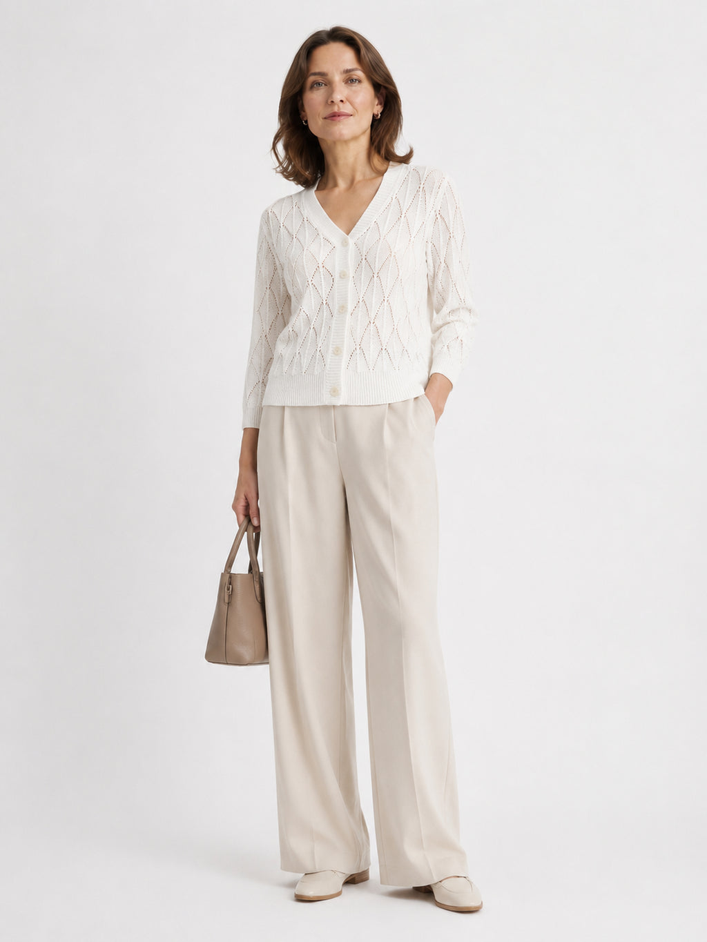 MY021 white openwork v-neck three-quarter sleeve cardigan full-body model view