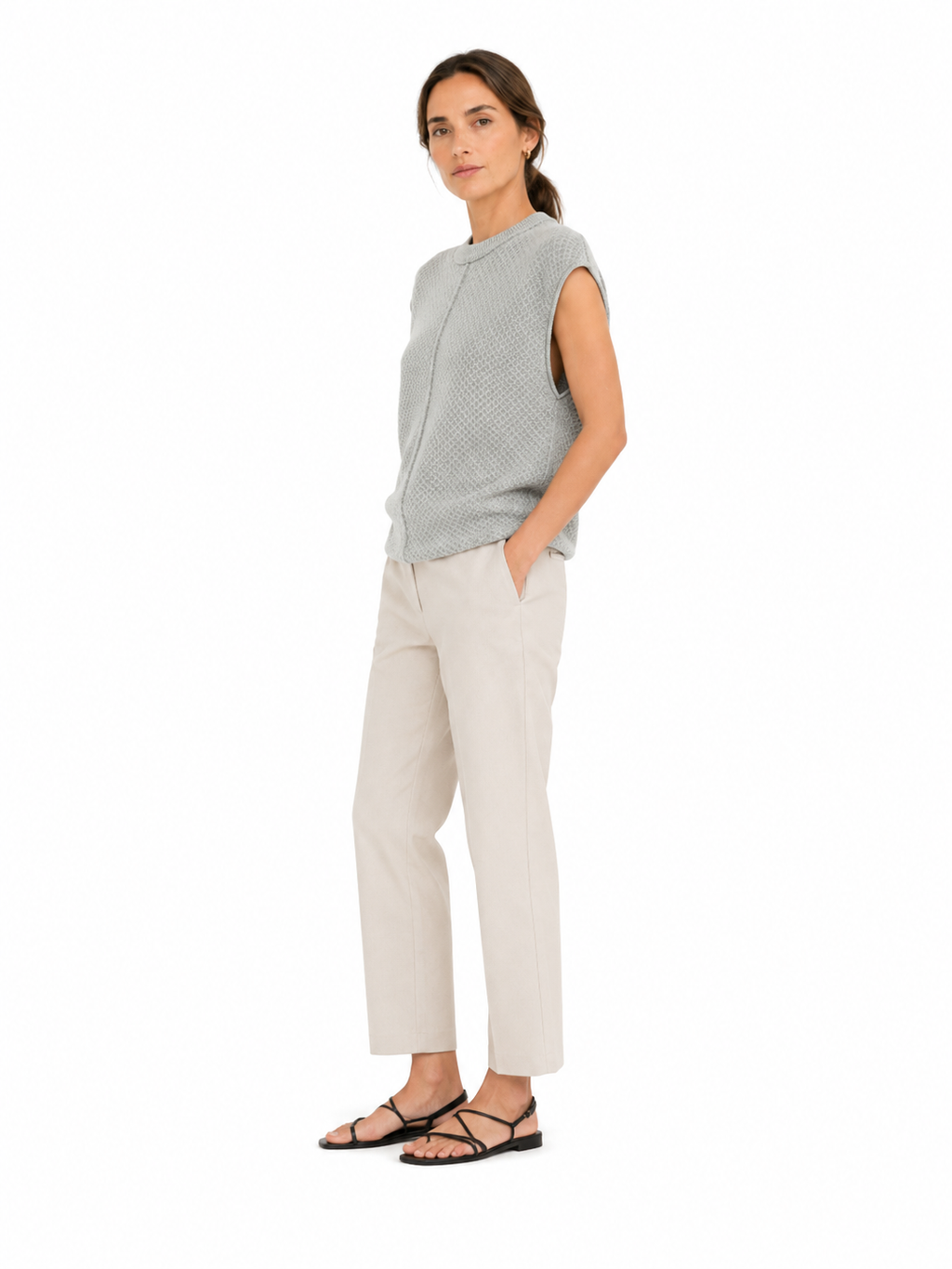 MY017 gray textured sleeveless sweater tank full-body model view