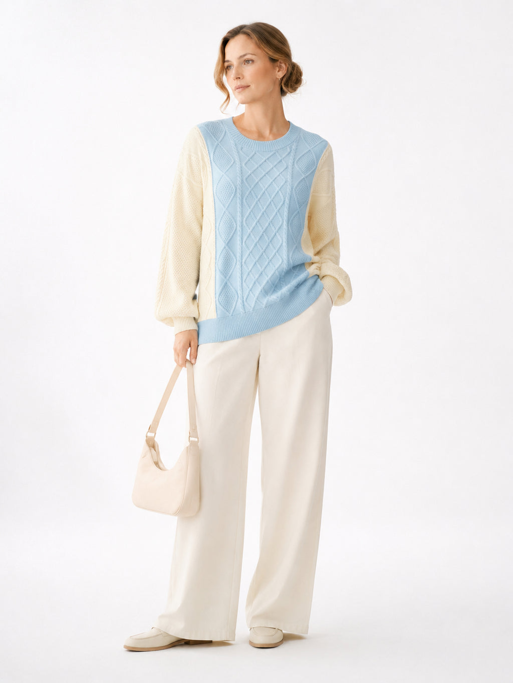 MY005 blue textured cable-knit pullover sweater full-body model view