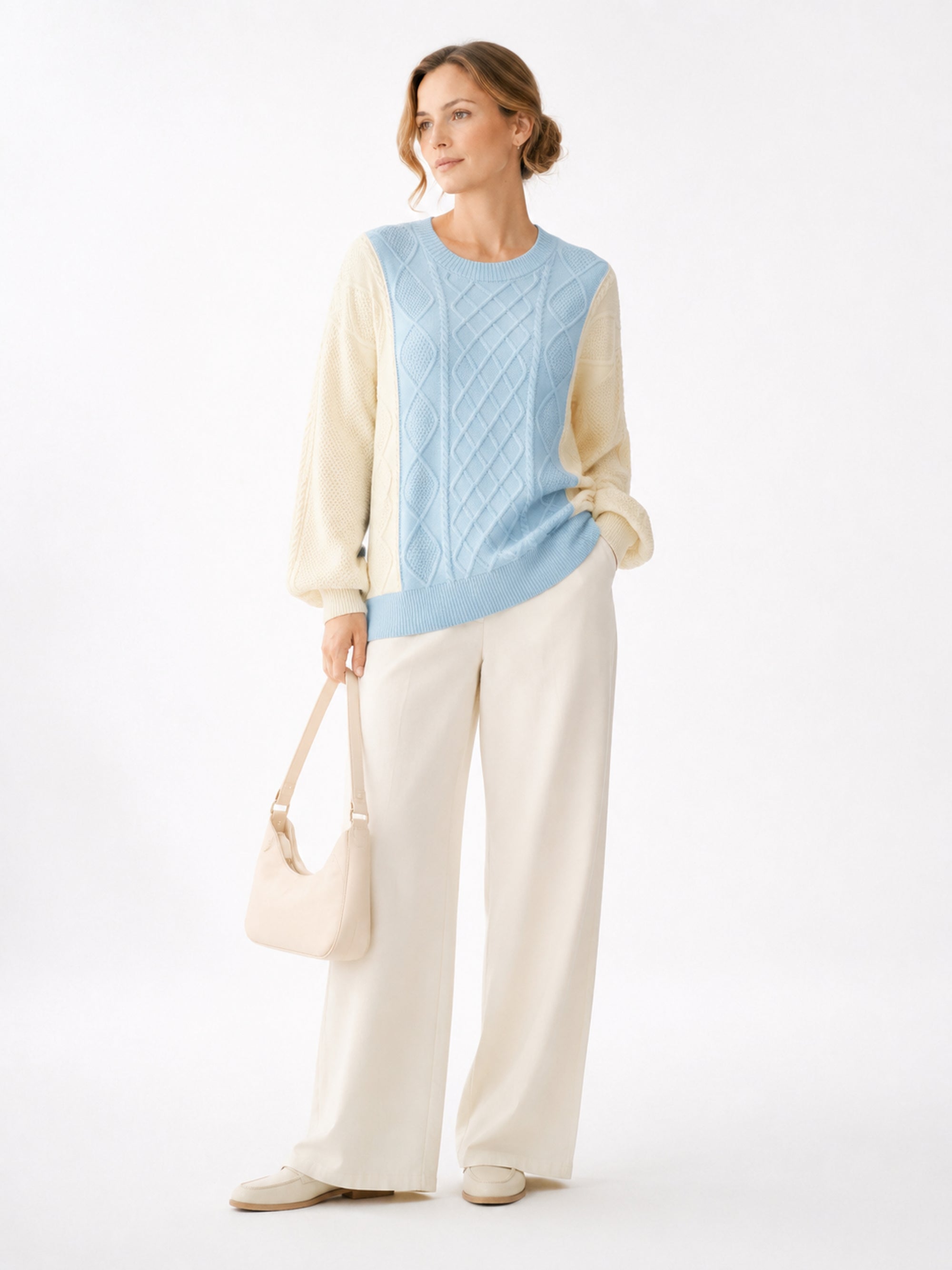MY005 blue textured cable-knit pullover sweater full-body model view