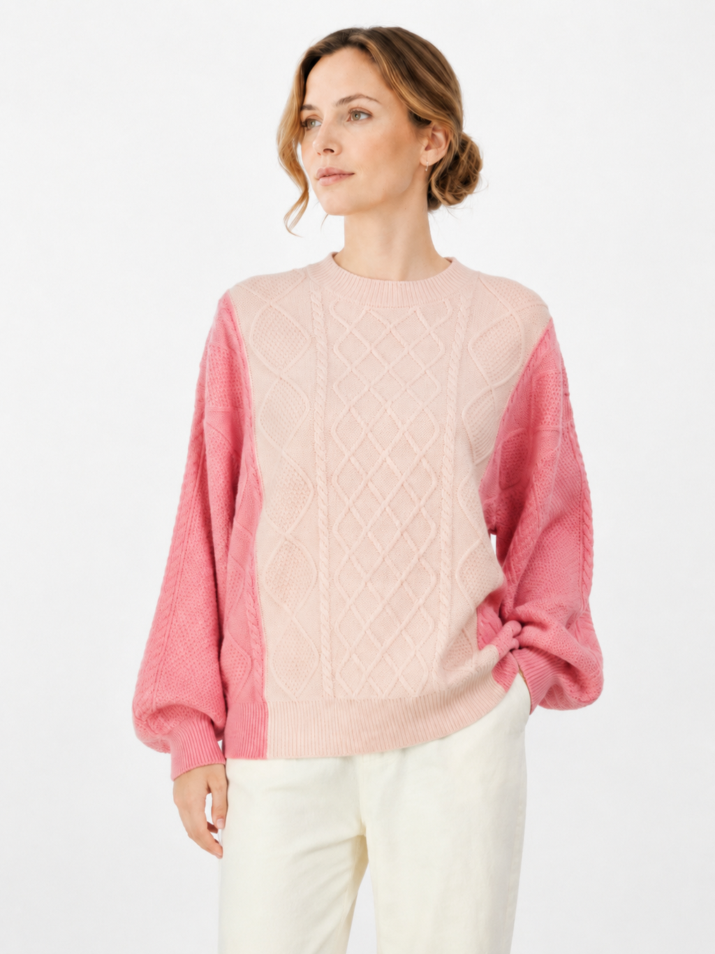 MY005 soft pink textured cable-knit pullover sweater front model view