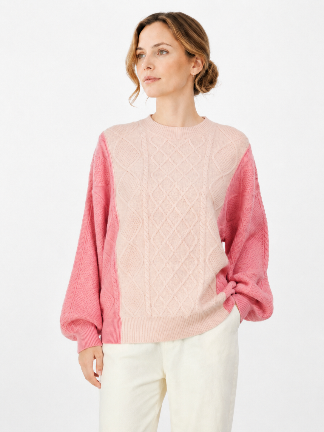MY005 soft pink textured cable-knit pullover sweater front model view