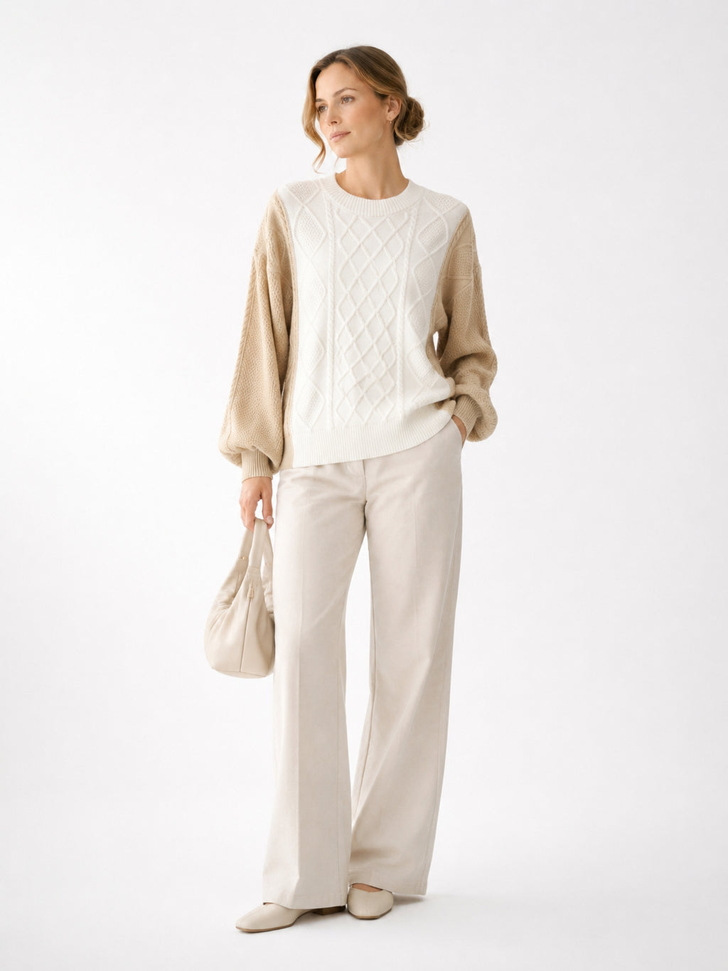 MY005 white textured cable-knit pullover sweater full-body model view