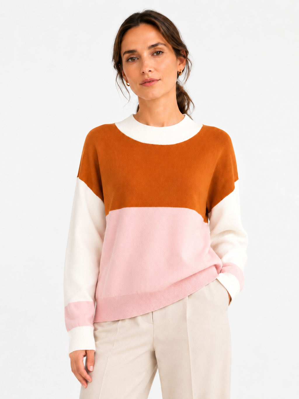 MY007 burgundy wide-neck striped knit pullover front model view