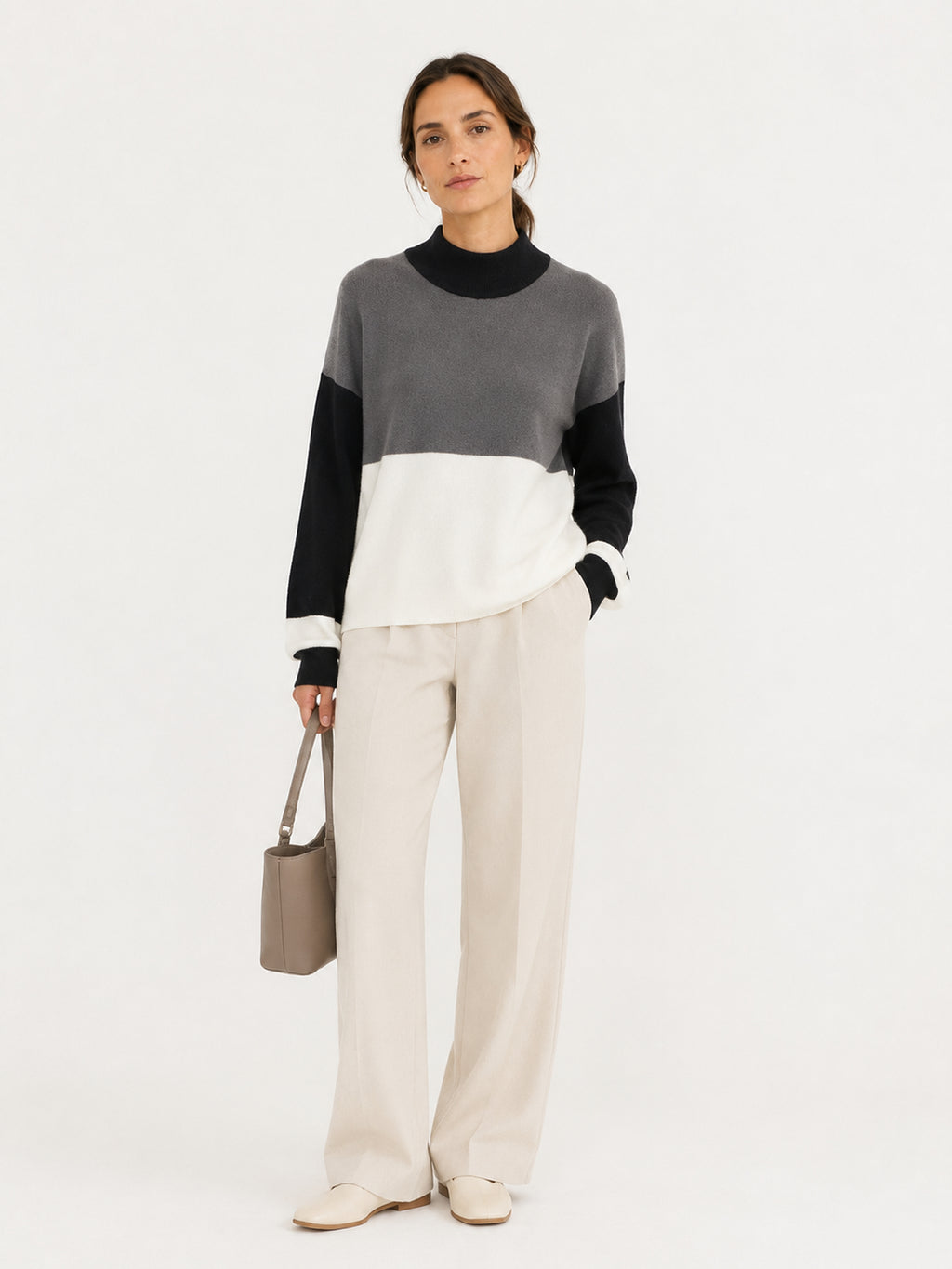 MY007 gray wide-neck striped knit pullover full-body model view