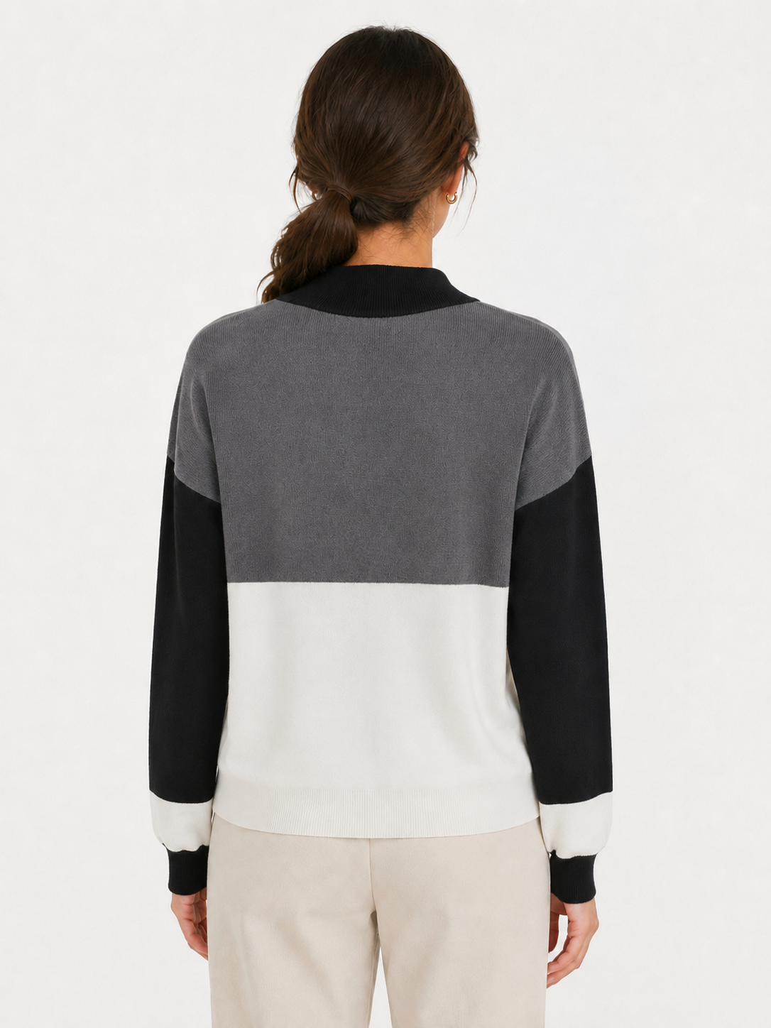 MY007 gray wide-neck striped knit pullover back model view