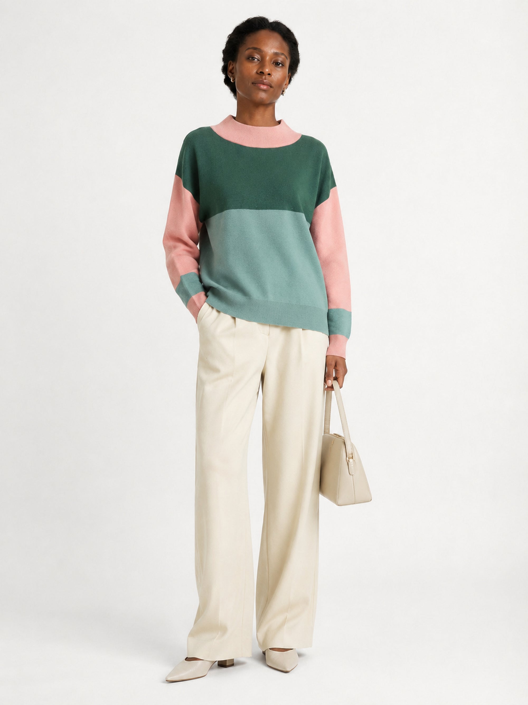 MY007 green wide-neck striped knit pullover full-body model view