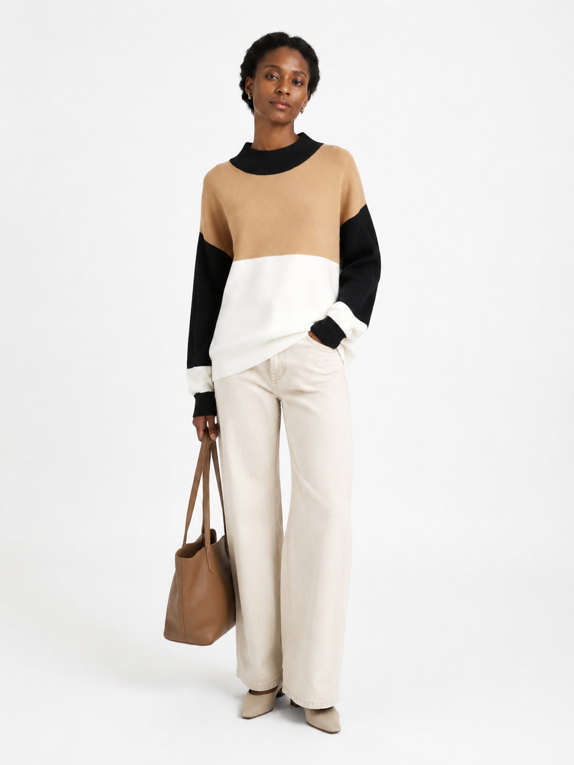 MY007 khaki wide-neck striped knit pullover full-body model view