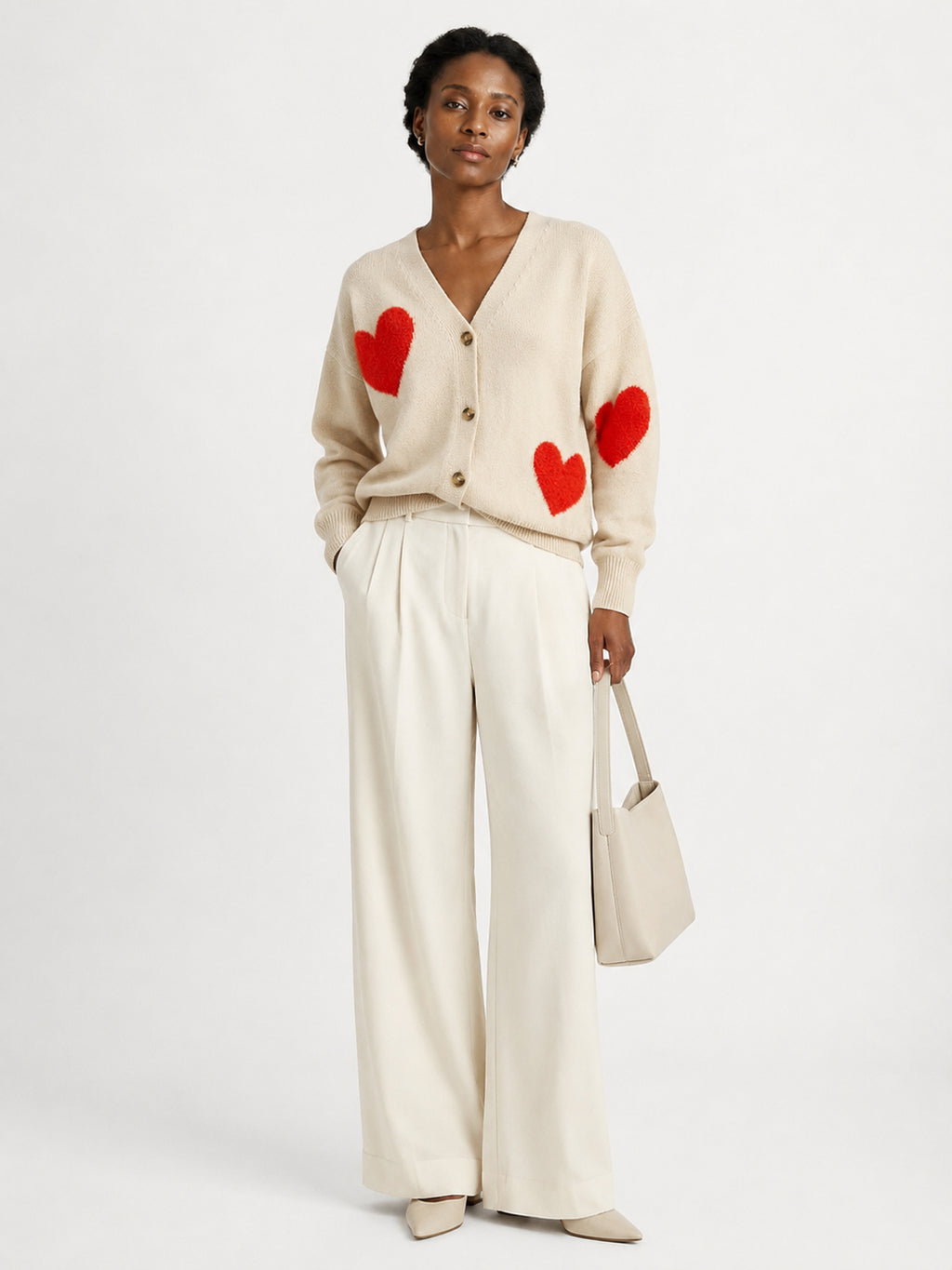 MY014 apricot oversized jacquard knit cardigan full-body model view