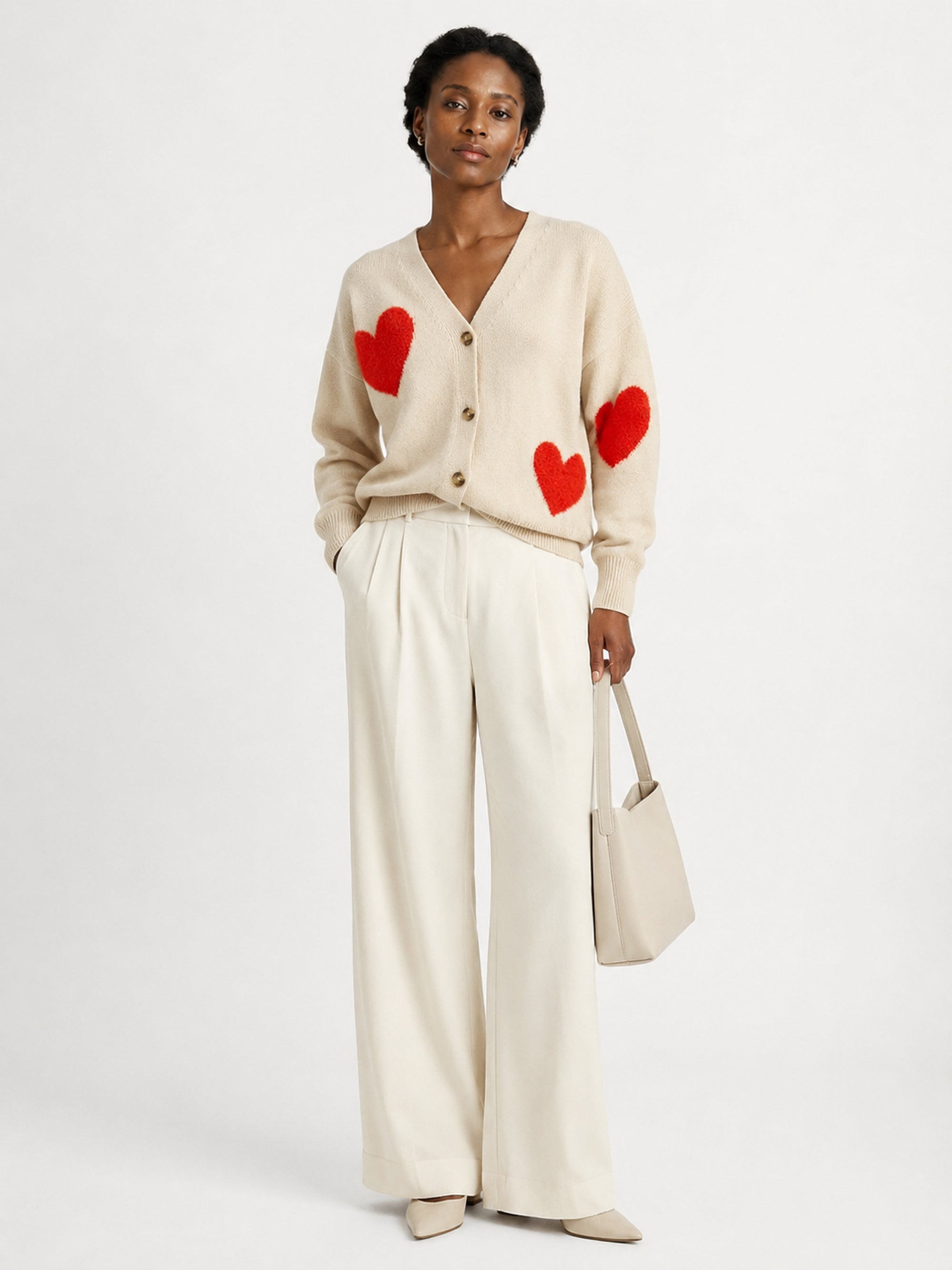 MY014 apricot oversized jacquard knit cardigan full-body model view
