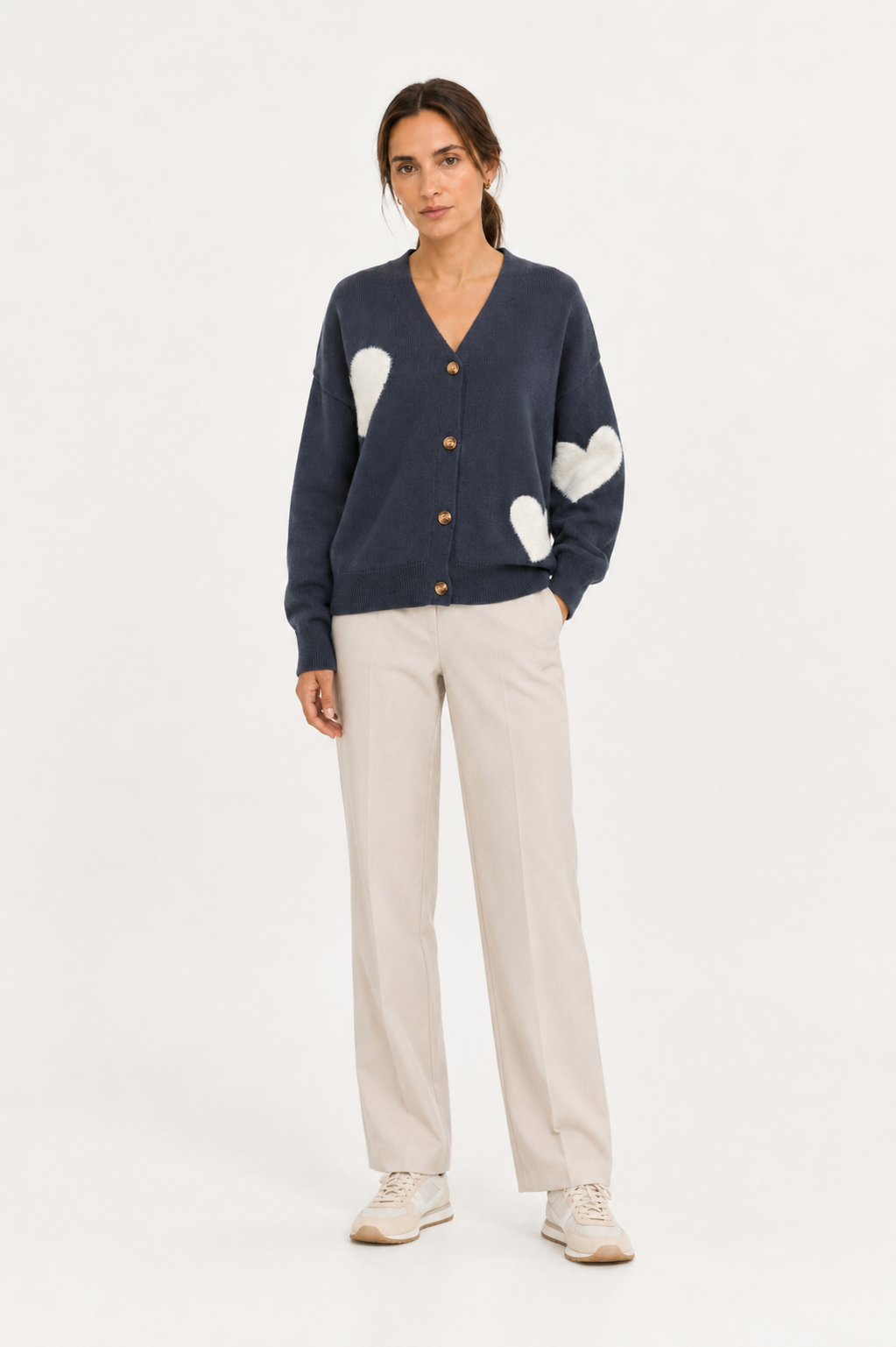 MY014 blue oversized jacquard knit cardigan full-body model view