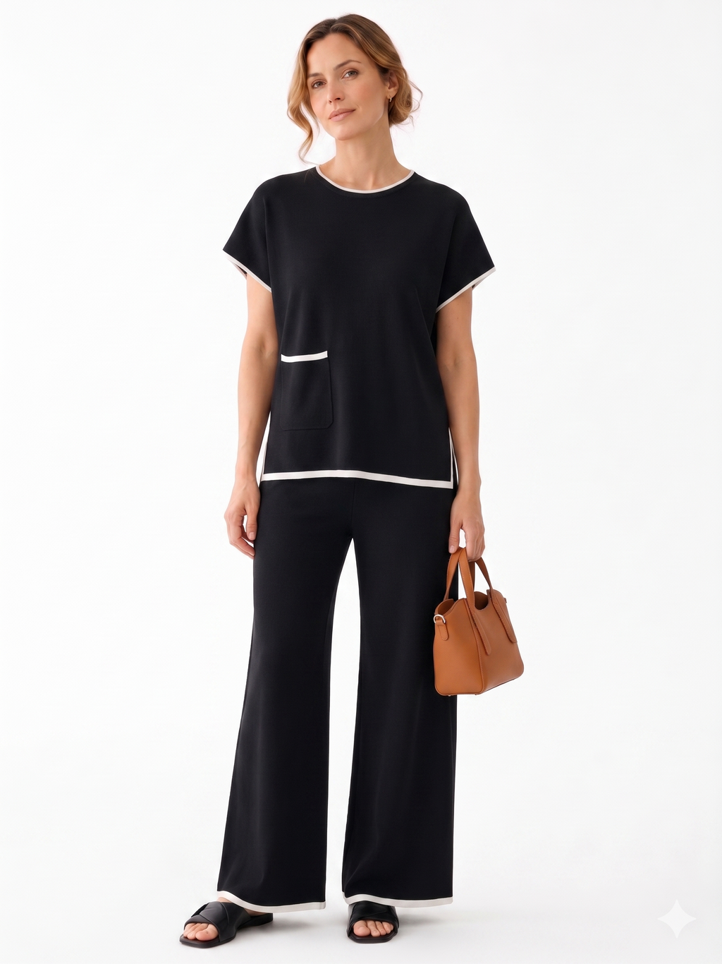 MY001 black contrast-trim sleeveless knit set full-body model view