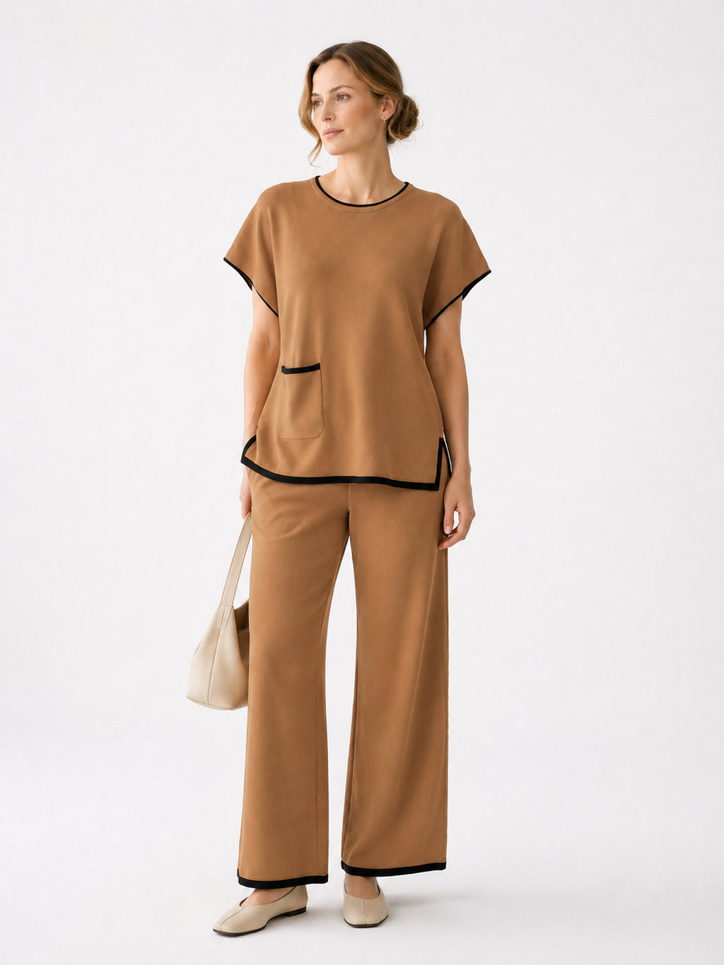 MY001 brown contrast-trim sleeveless knit set full-body model view