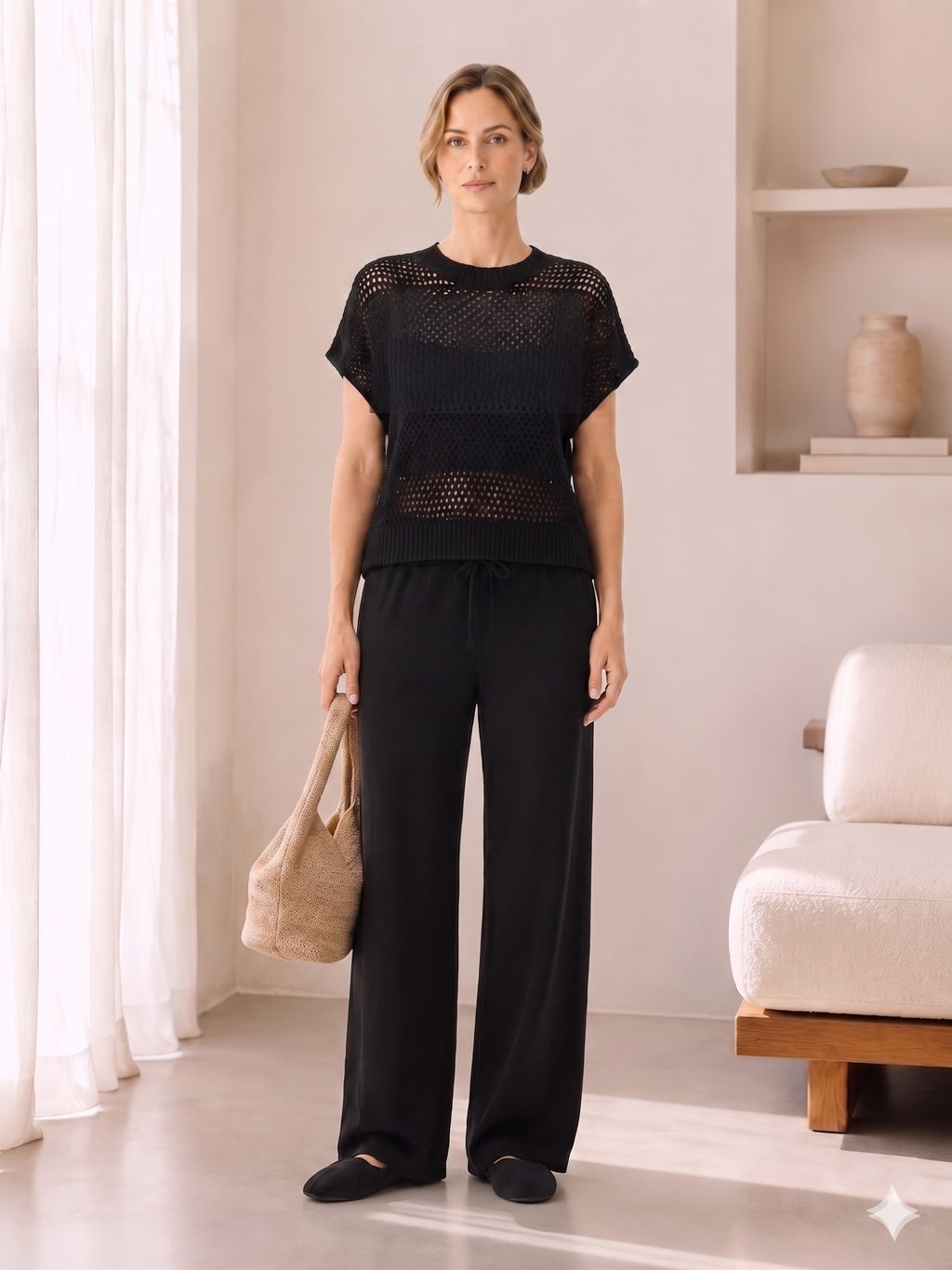 Women's Black 2 Piece Open Knit Set, Sleeveless Tank and Pants Outfit