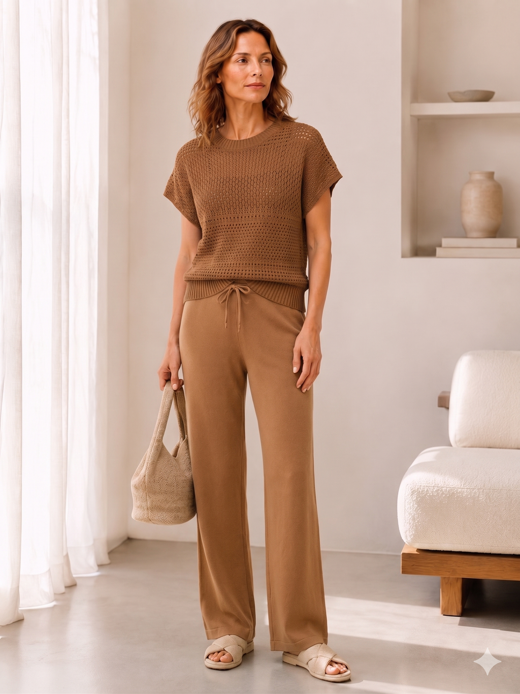 Women's Brown 2 Piece Open Knit Set, Sleeveless Tank and Pants Outfit