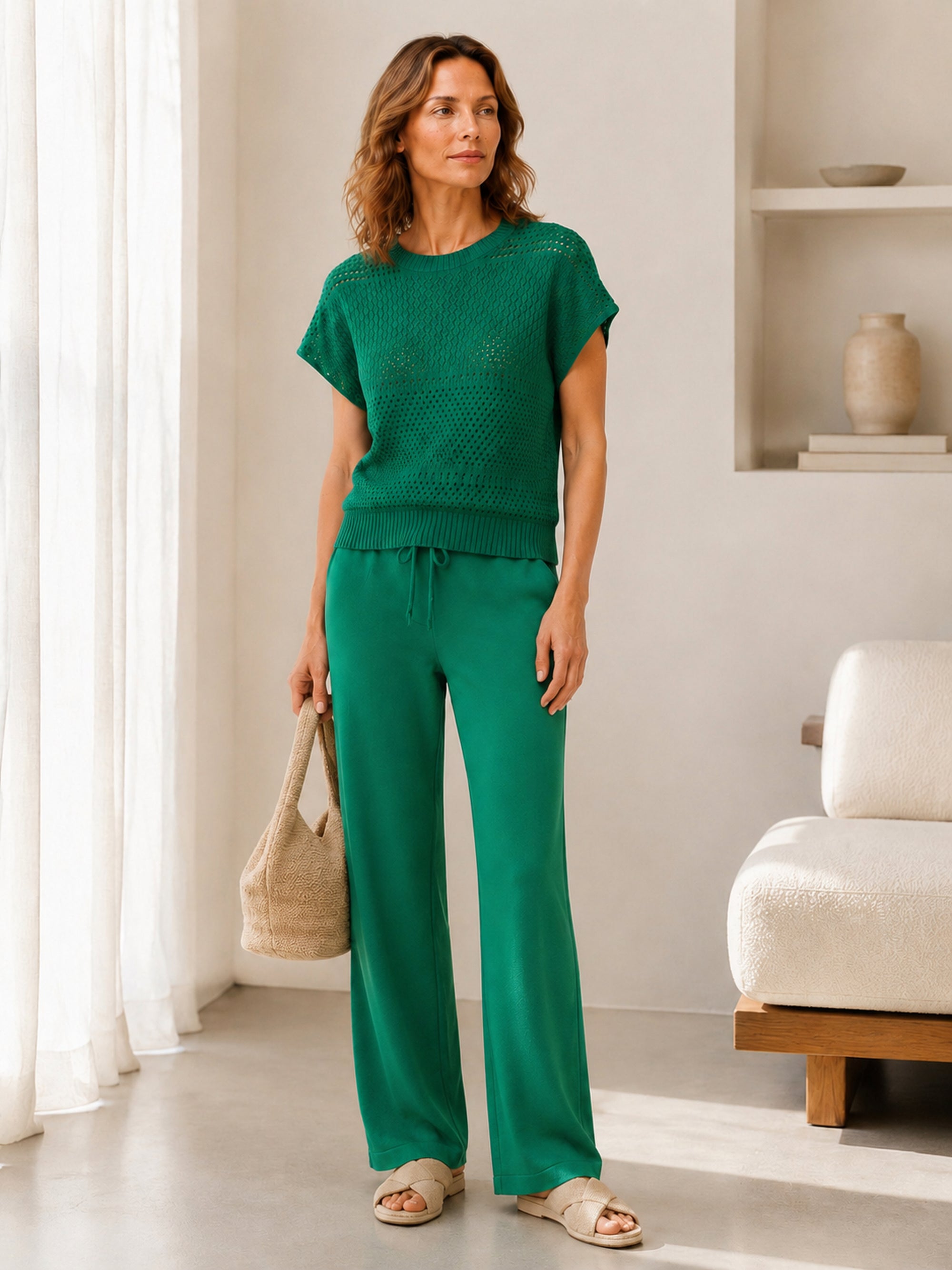 MY010 green open-knit sleeveless top & pants set full-body model view