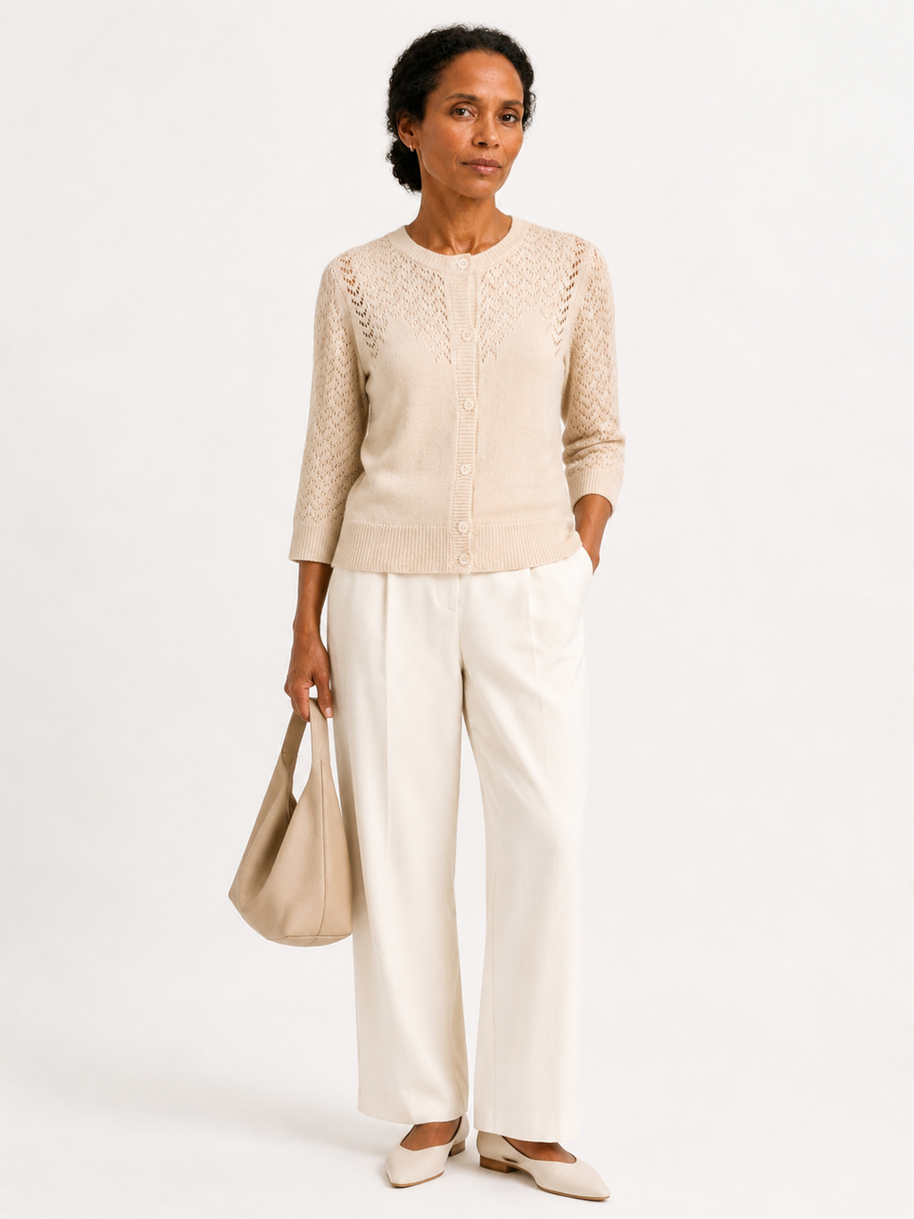 MY023 apricot openwork round-neck three-quarter sleeve cardigan full-body model view