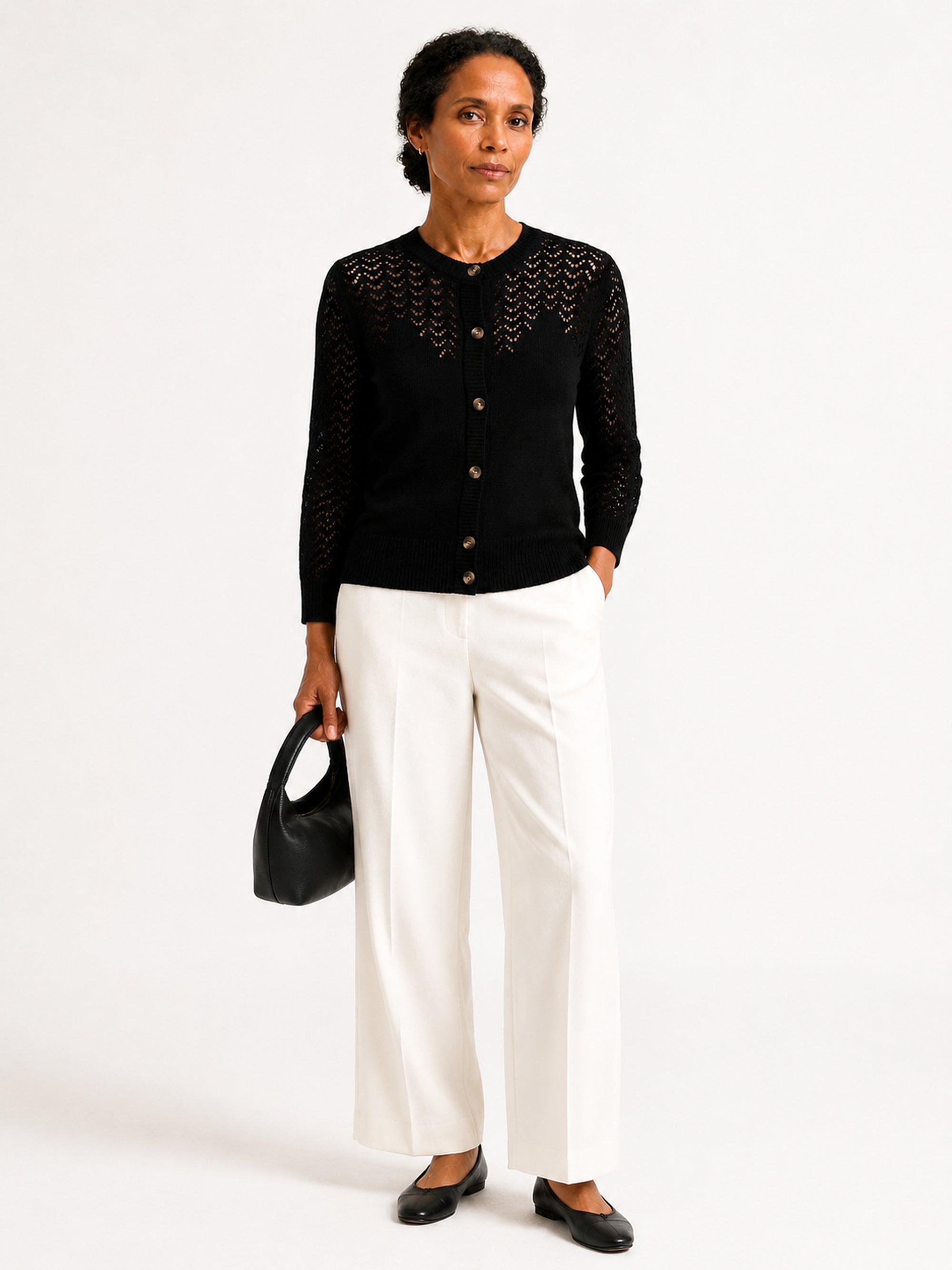 MY023 black openwork round-neck three-quarter sleeve cardigan full-body model view