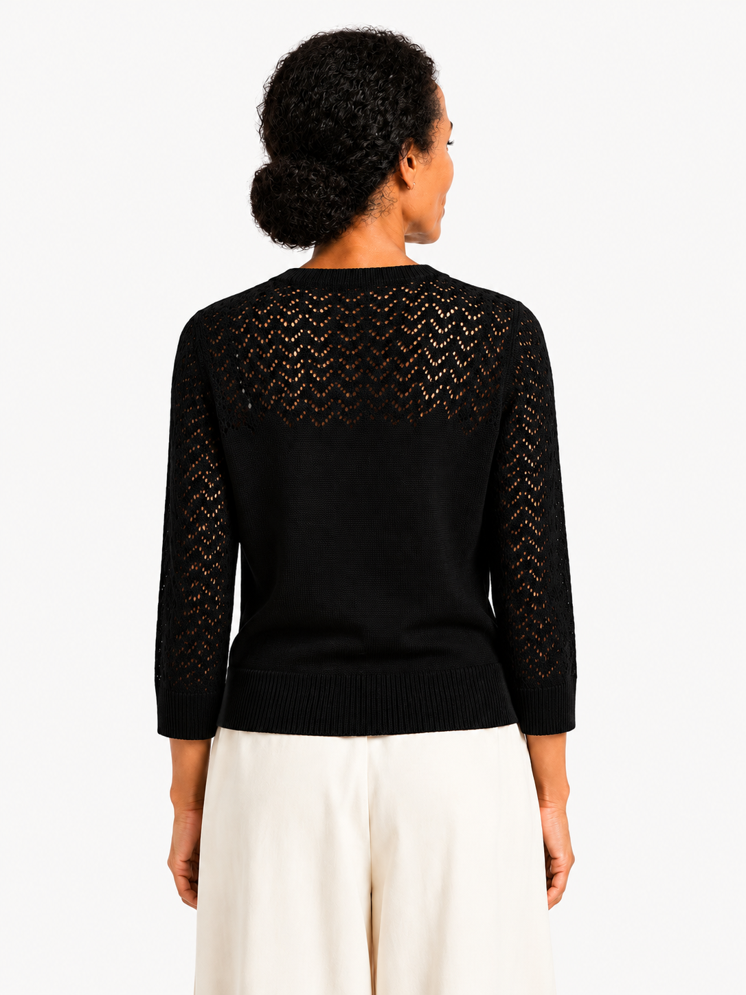 MY023 black openwork round-neck three-quarter sleeve cardigan back model view