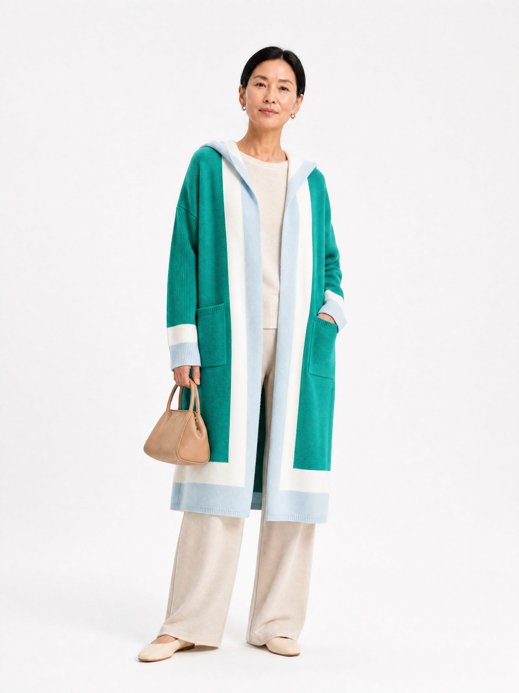MY004 green hooded long knit cape cardigan full-body model view