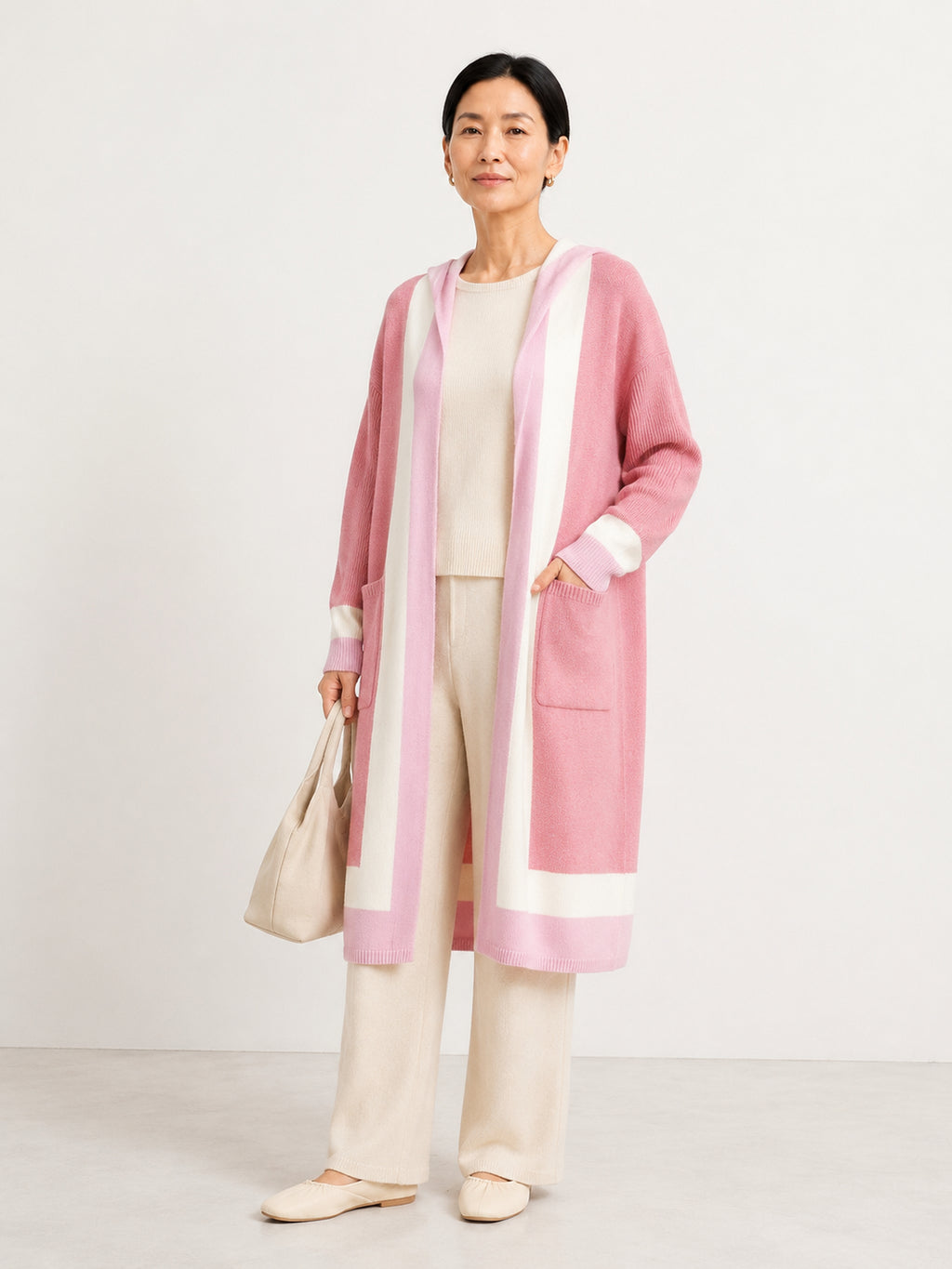 MY004 soft pink hooded long knit cape cardigan full-body model view