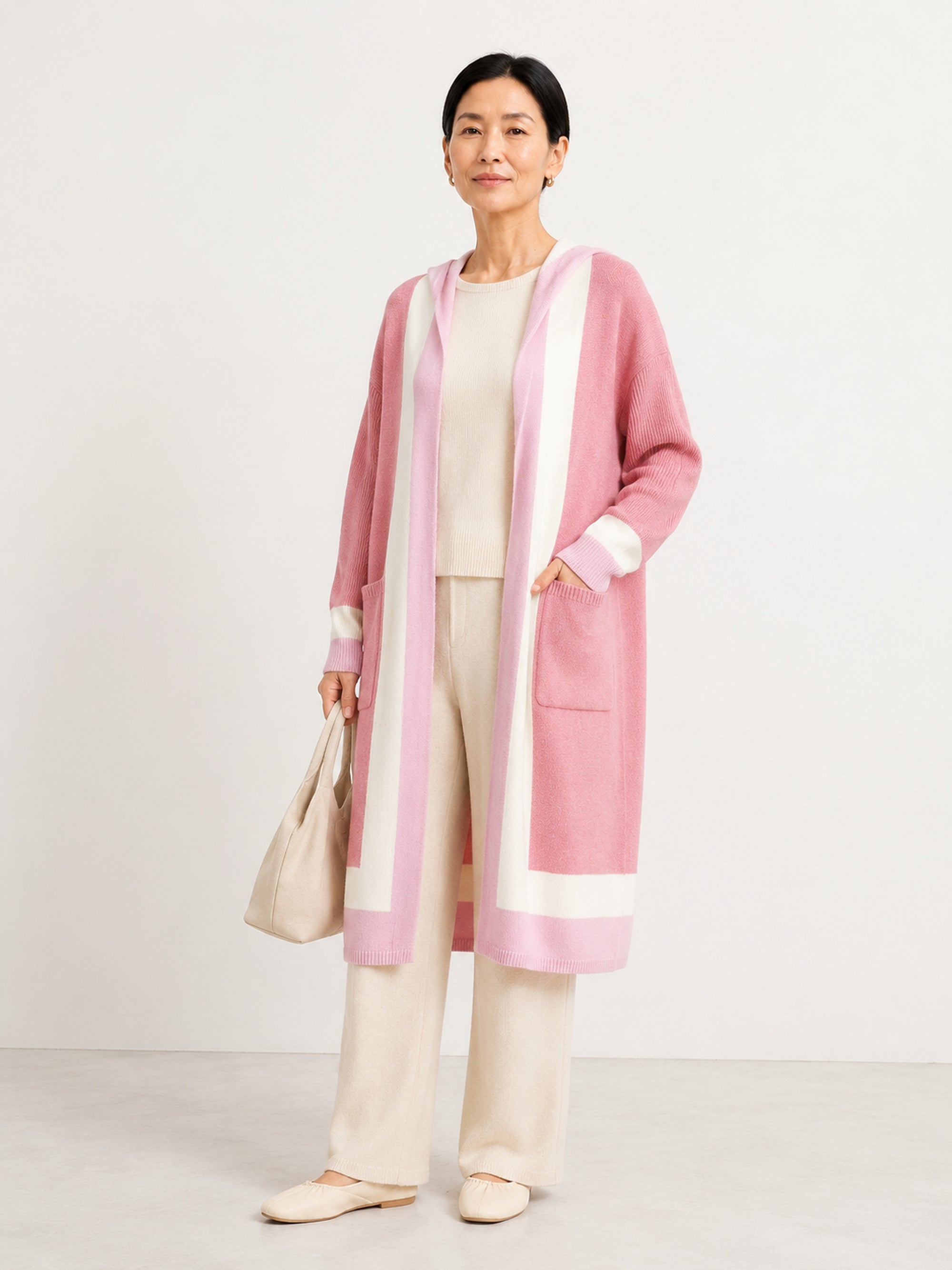 MY004 soft pink hooded long knit cape cardigan full-body model view