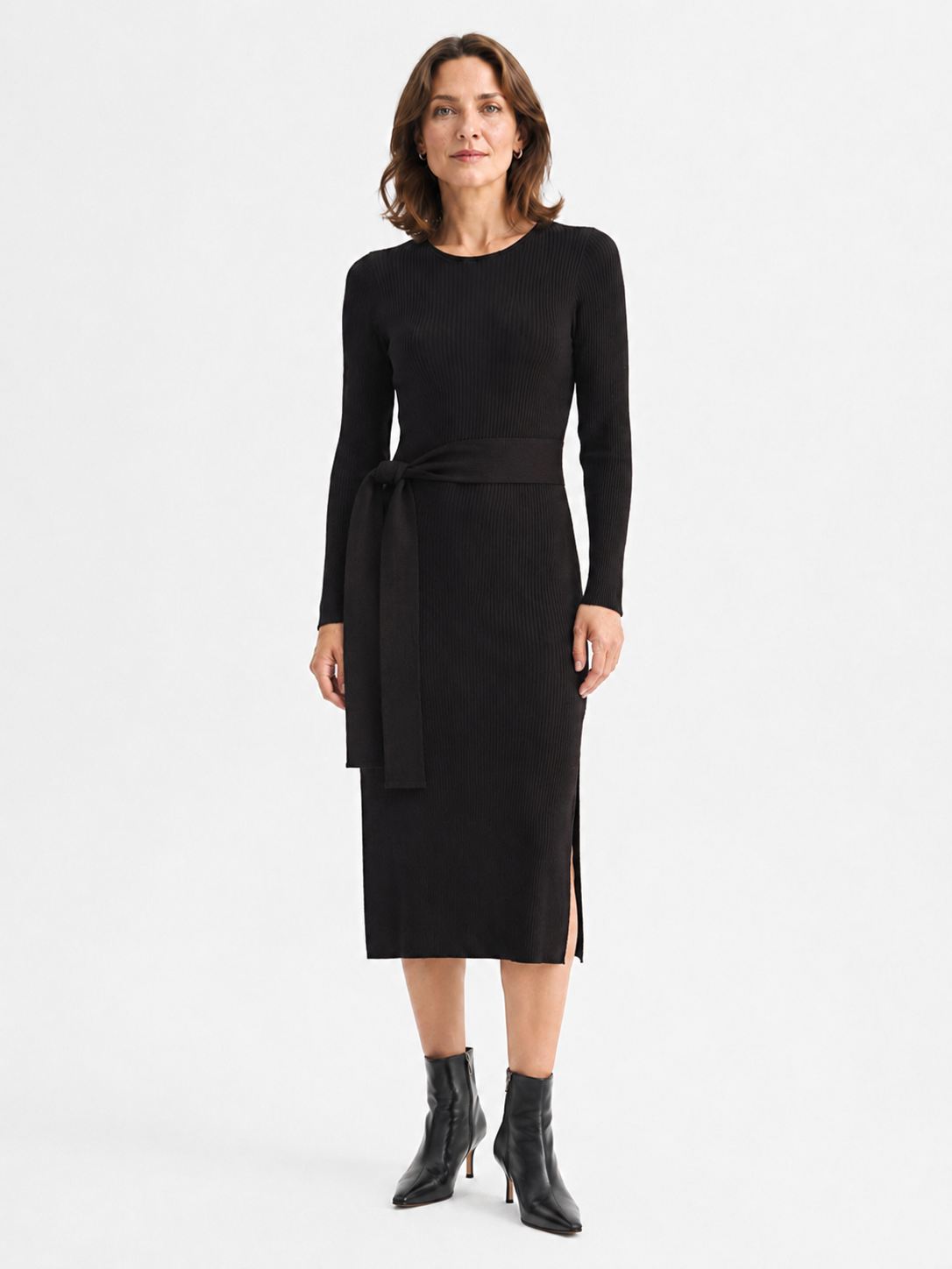 MY012 black ribbed side-slit sweater dress full-body model view