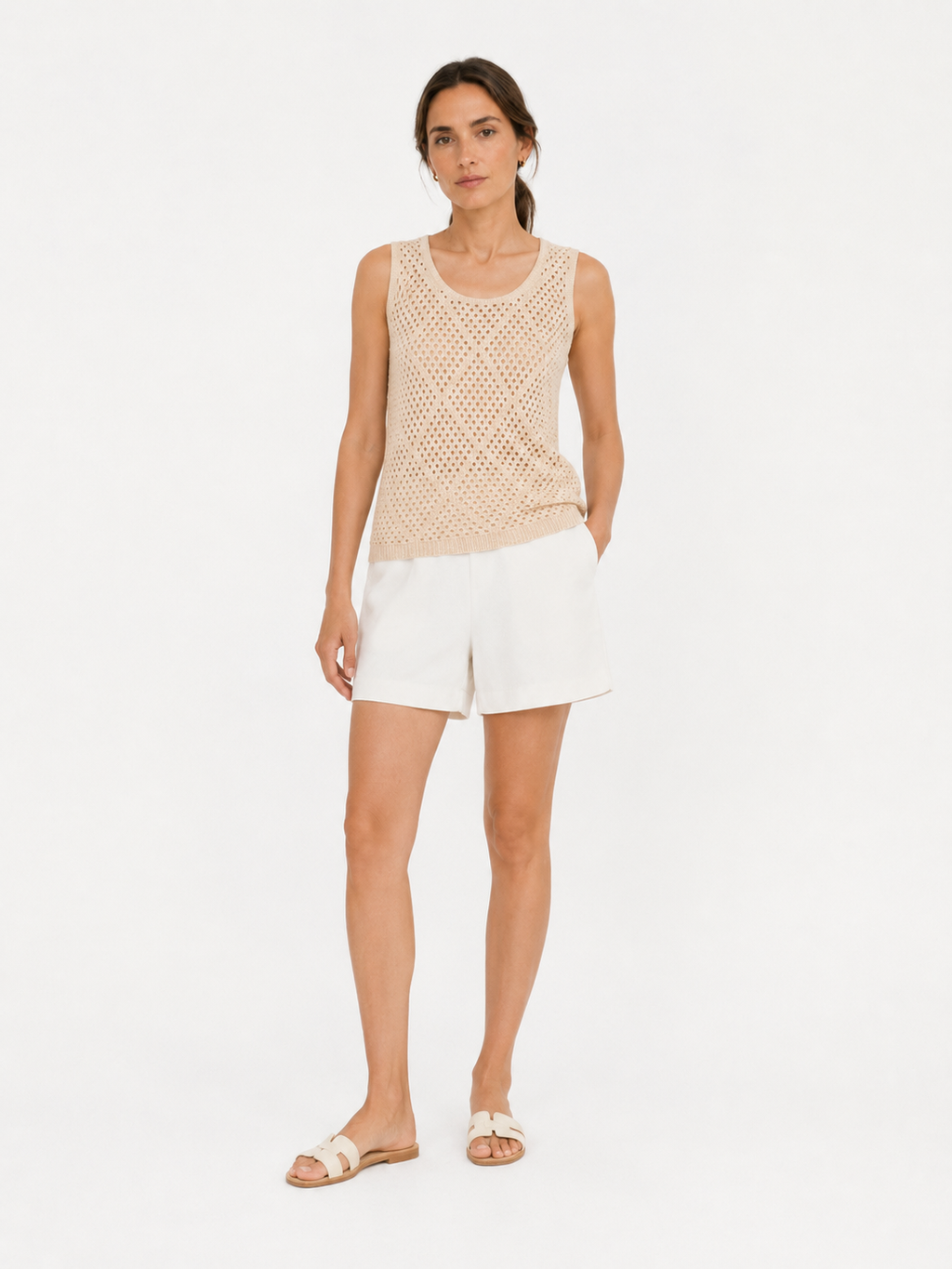 MY019 apricot open-knit sleeveless sweater tank full-body model view