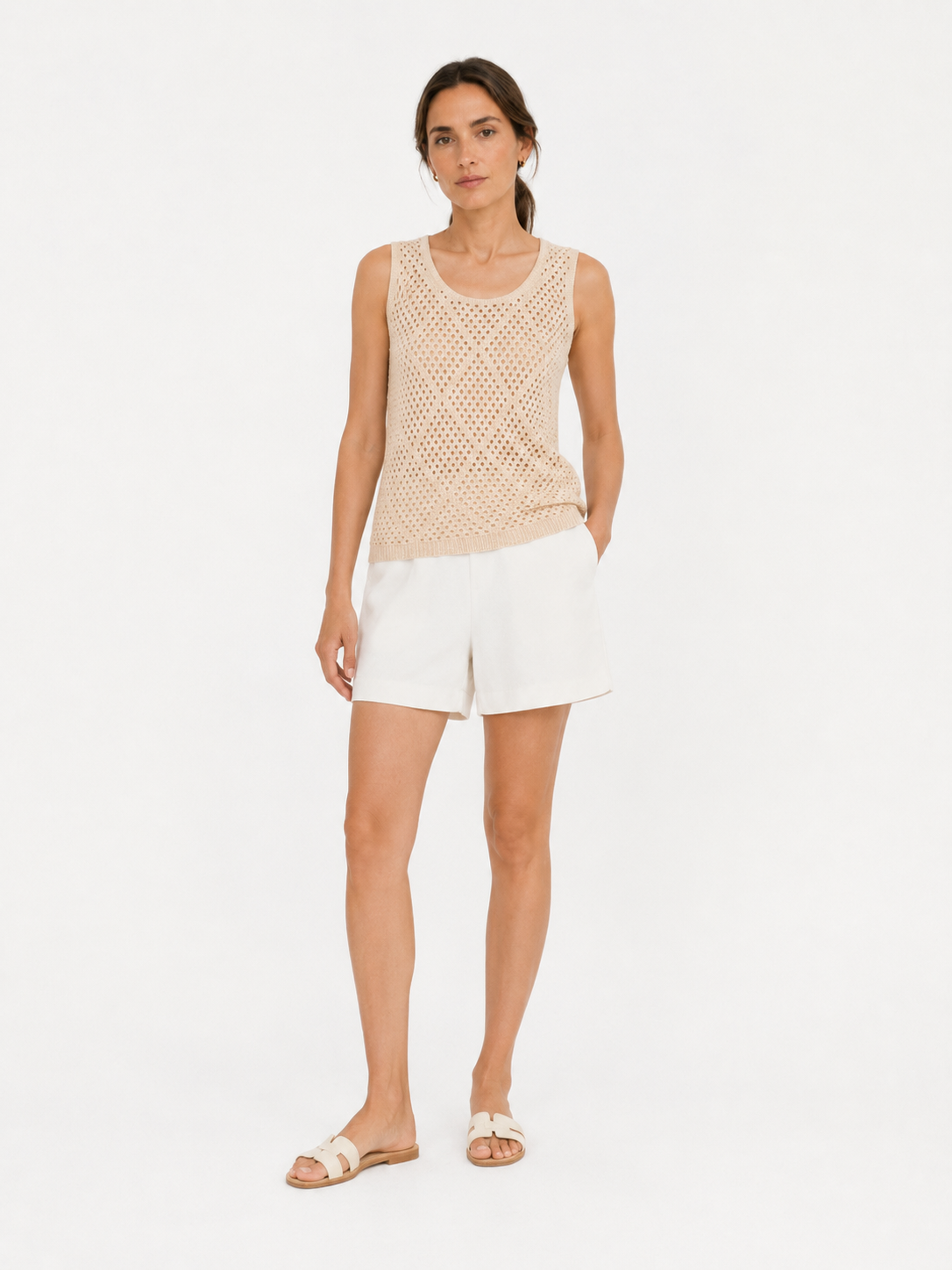 MY019 apricot open-knit sleeveless sweater tank full-body model view
