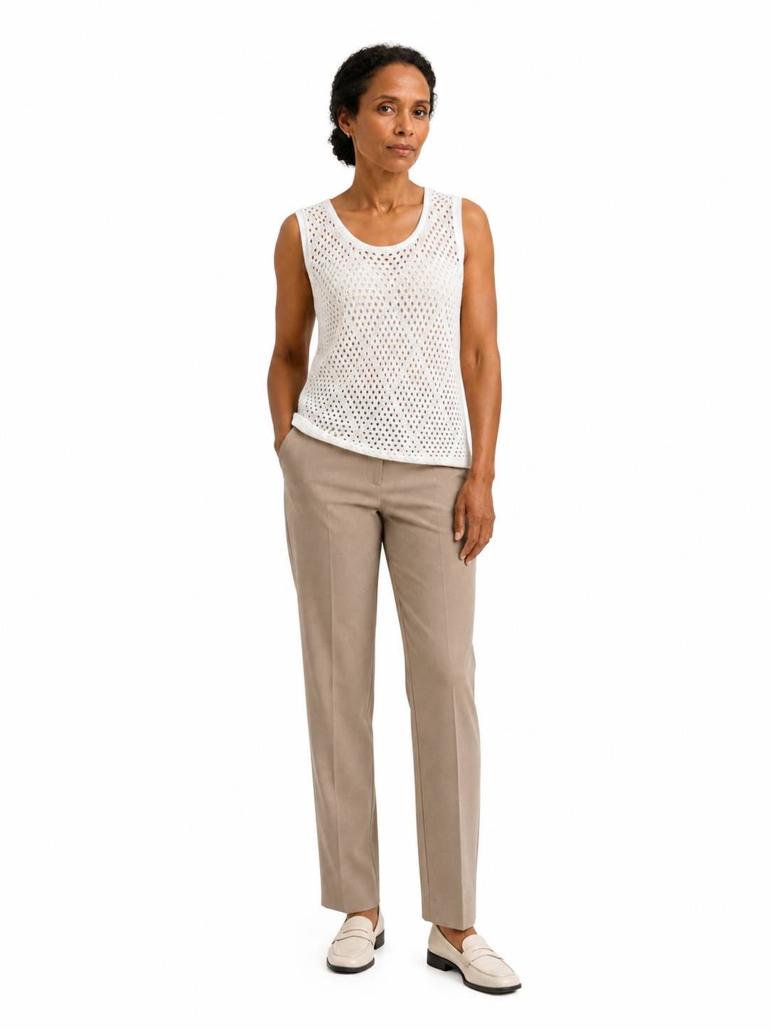 MY019 white open-knit sleeveless sweater tank full-body model view