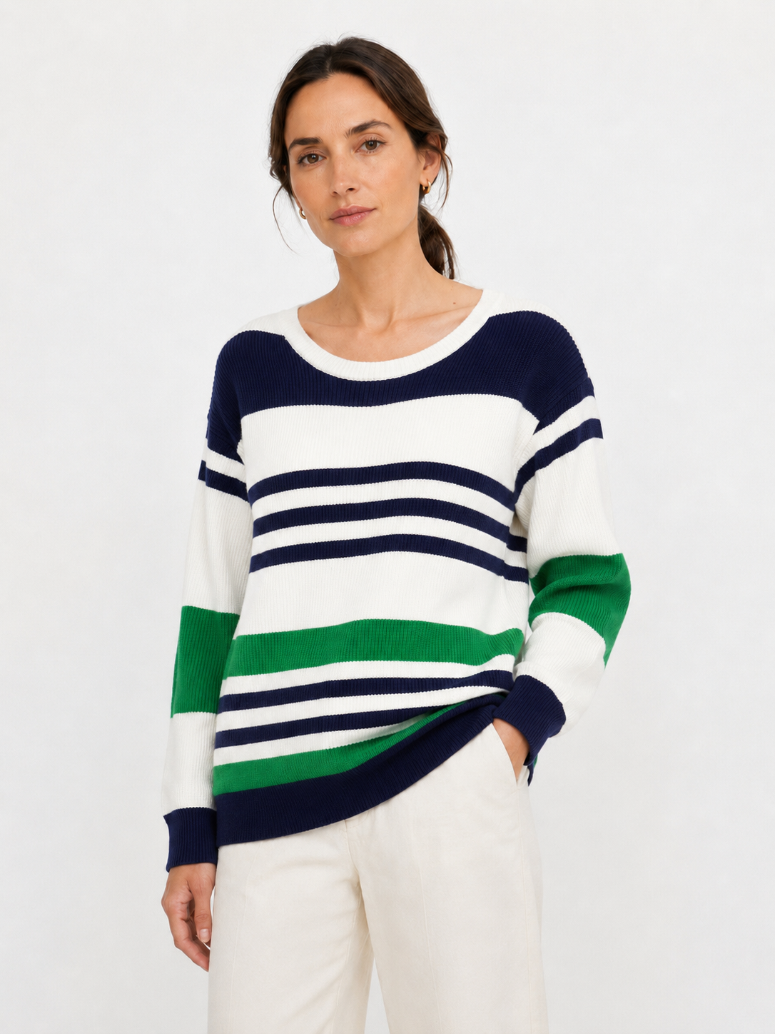 MY008 teal wide-neck off-shoulder textured sweater front model view