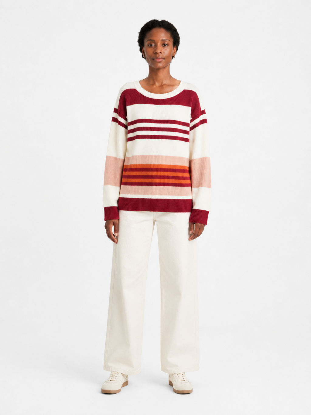 MY008 burgundy wide-neck off-shoulder textured sweater full-body model view