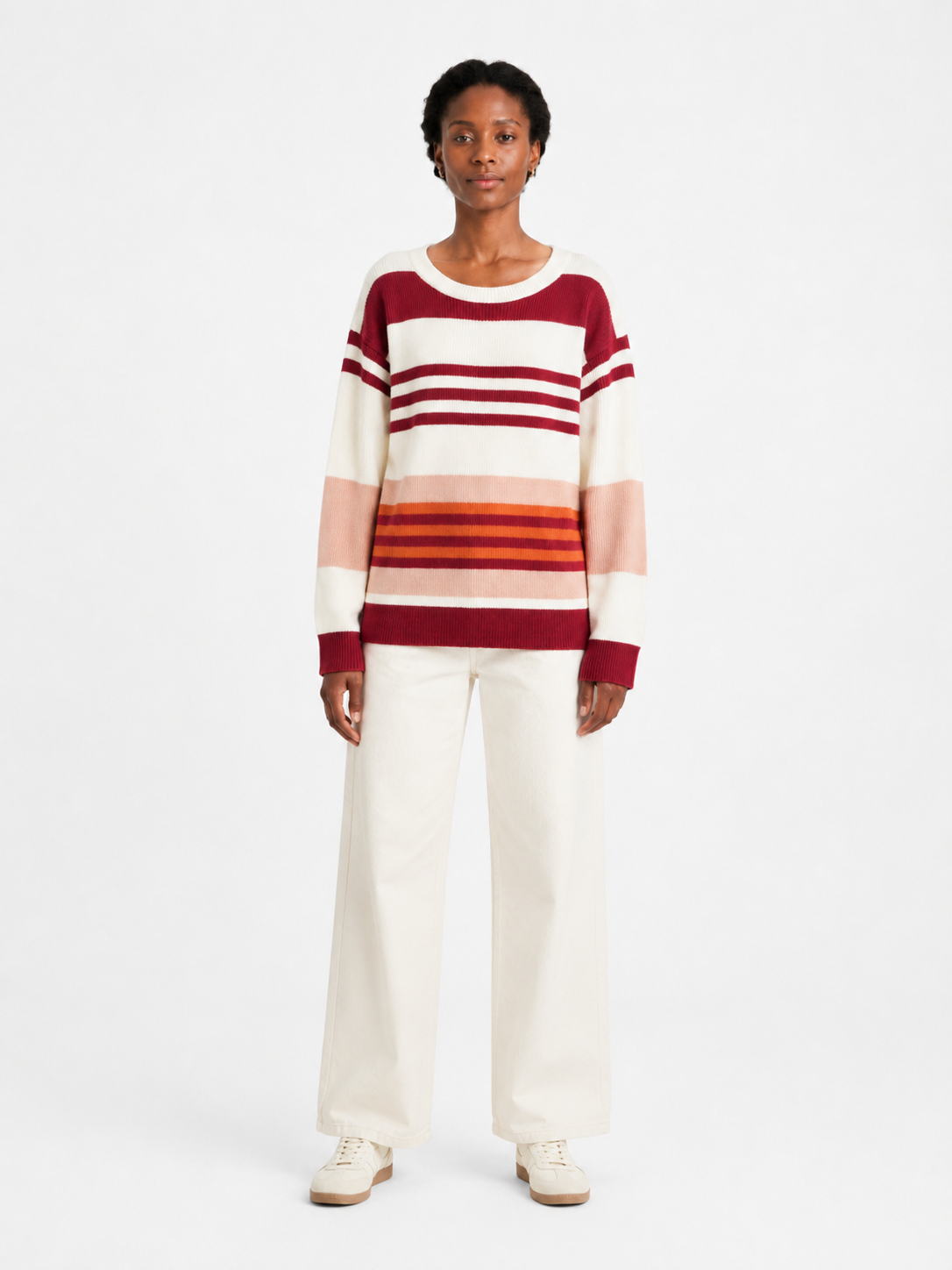 MY008 burgundy wide-neck off-shoulder textured sweater full-body model view