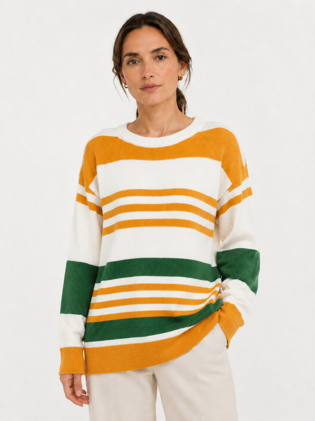 MY008 orange wide-neck off-shoulder textured sweater front model view