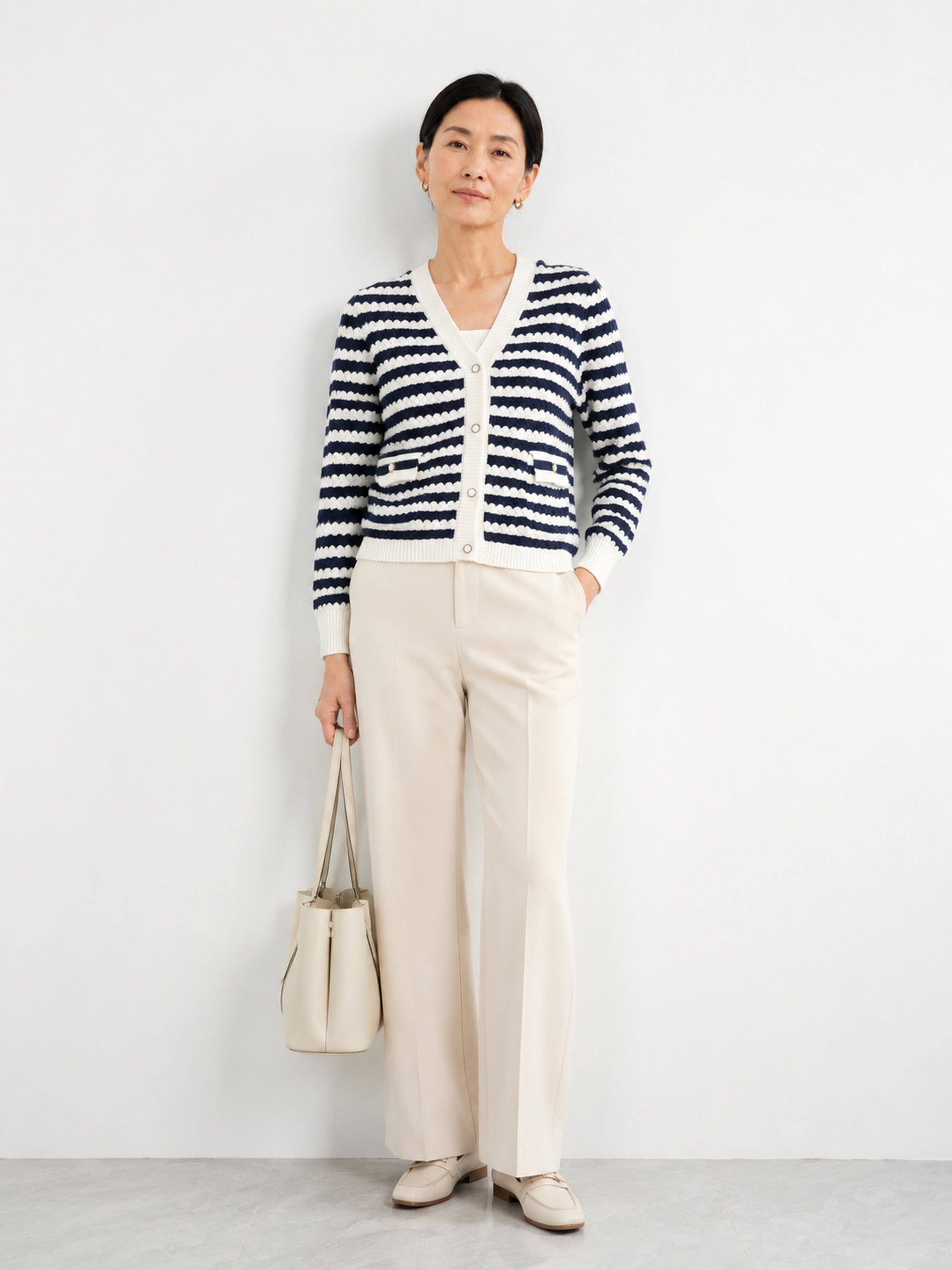 MY009 blue cropped textured knit cardigan full-body model view