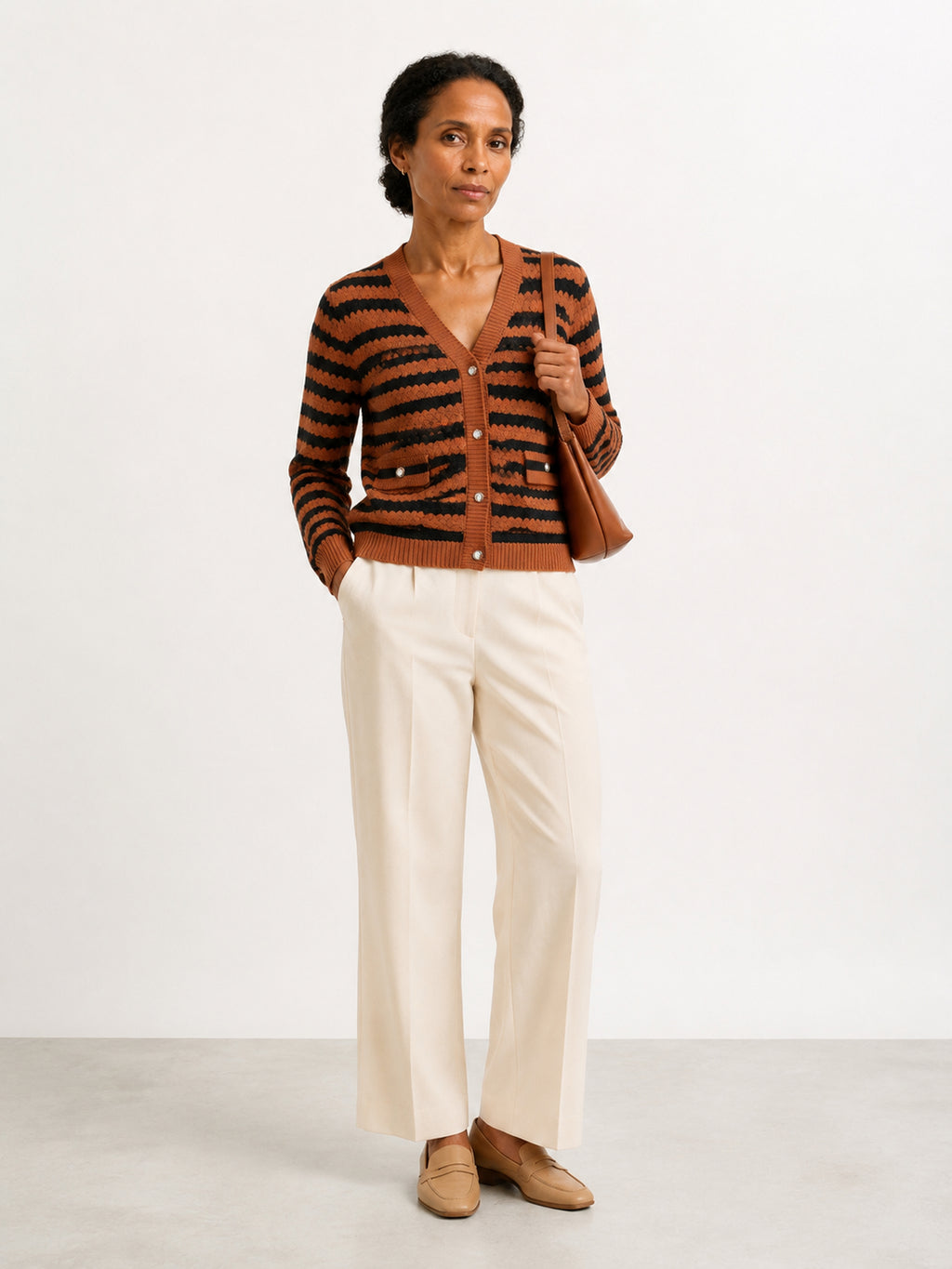 MY009 brown cropped textured knit cardigan full-body model view
