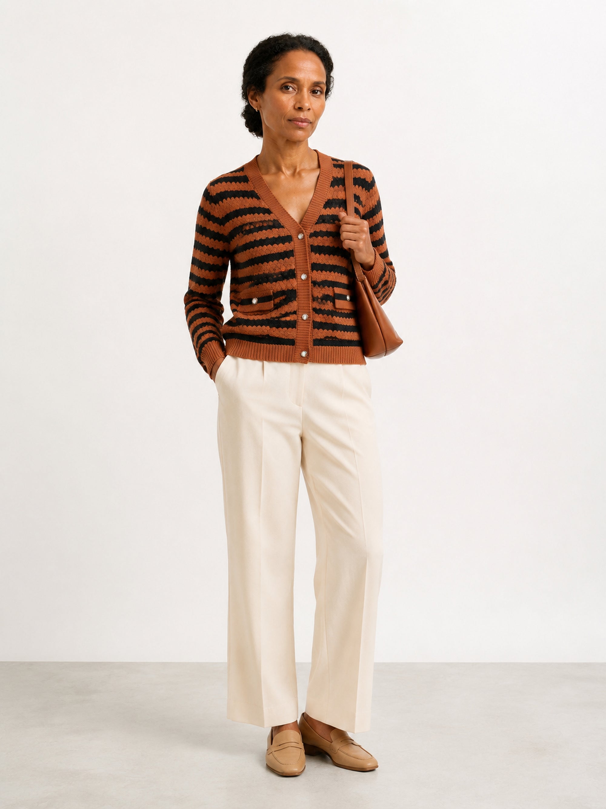 MY009 brown cropped textured knit cardigan full-body model view
